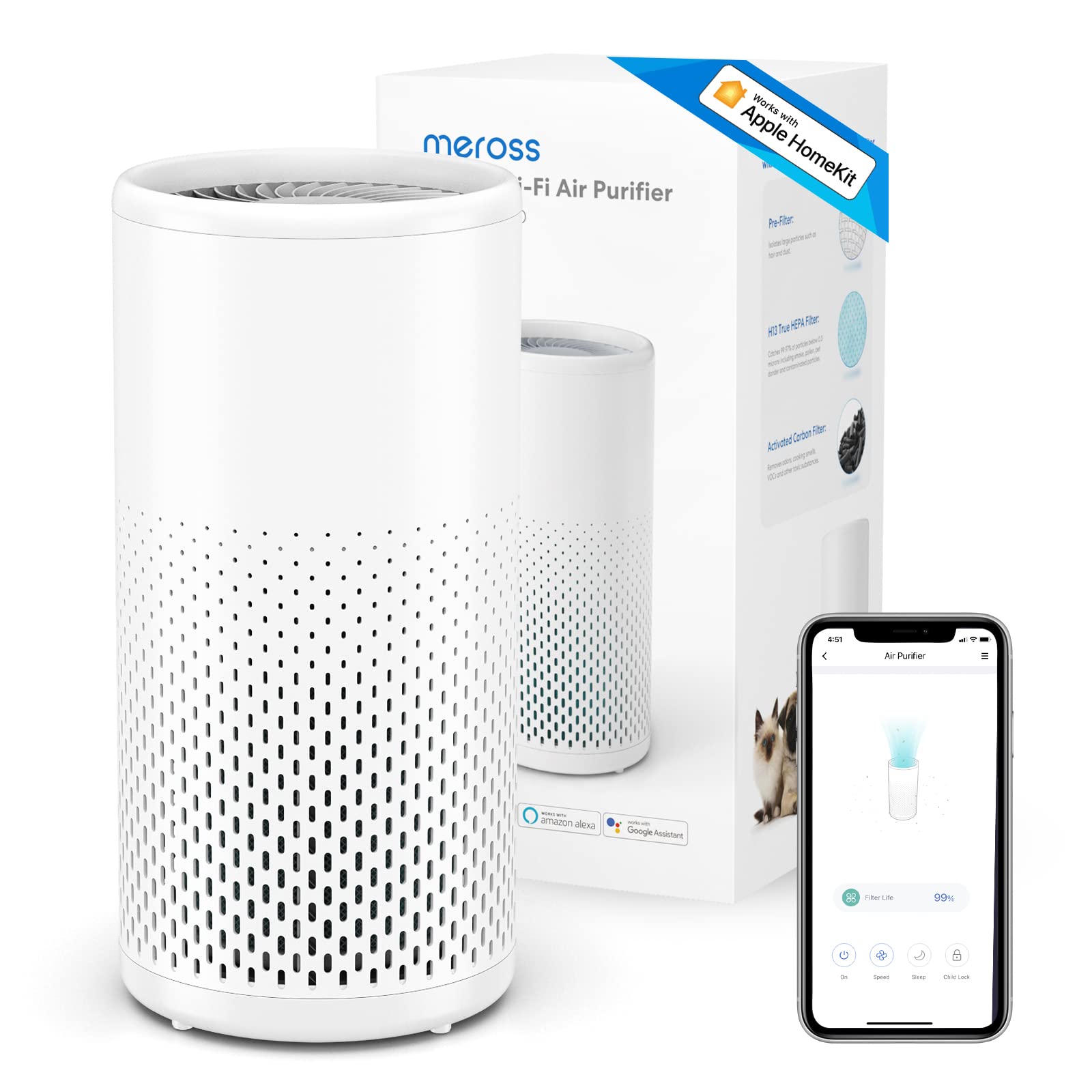 meross In-built H13 True HEPA Filter Wi-Fi Air Purifier for Apple Homekit and Alexa