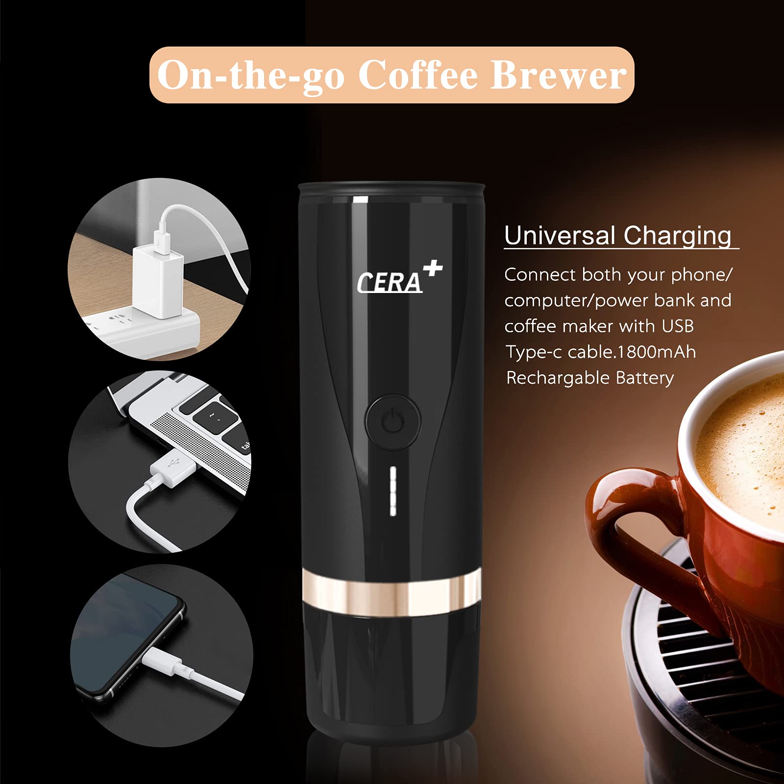 CERA+ Portable Espresso Maker Car Coffee Machine for Travel Coffee Maker 12V Coffee Makers 15 Bar Pressure 1800mAh Rechargeable Battery Operated Espresso Machine for Office Home Driving Camping(Black)