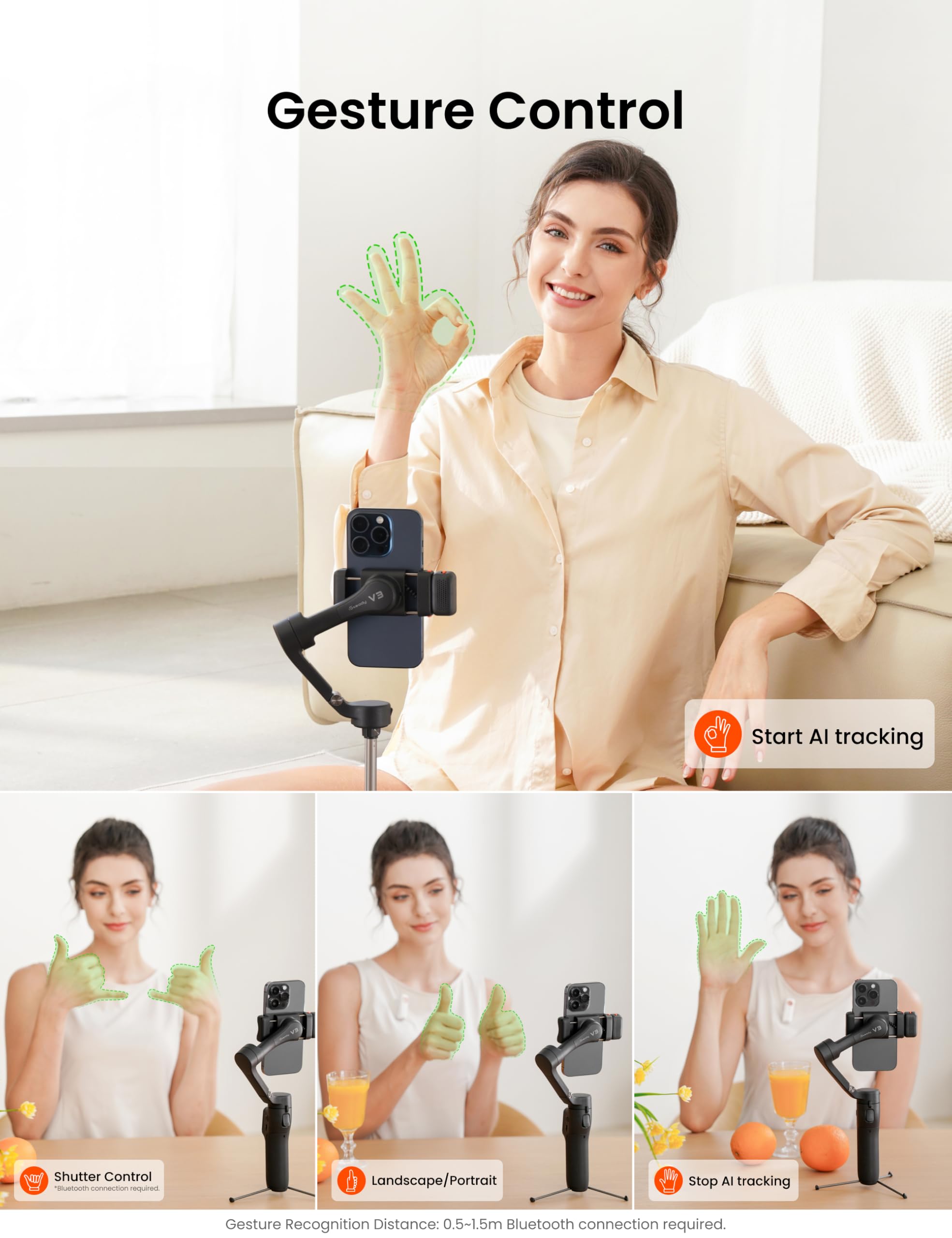 Hohem iSteady V3 Gimbal Stabilizer for Smartphone, 3-Axis Stabilization with AI Tracker, Detachable Remote Control, Built-in Extension Rod and Tripod, Portable and Foldable, Video Recording, Black
