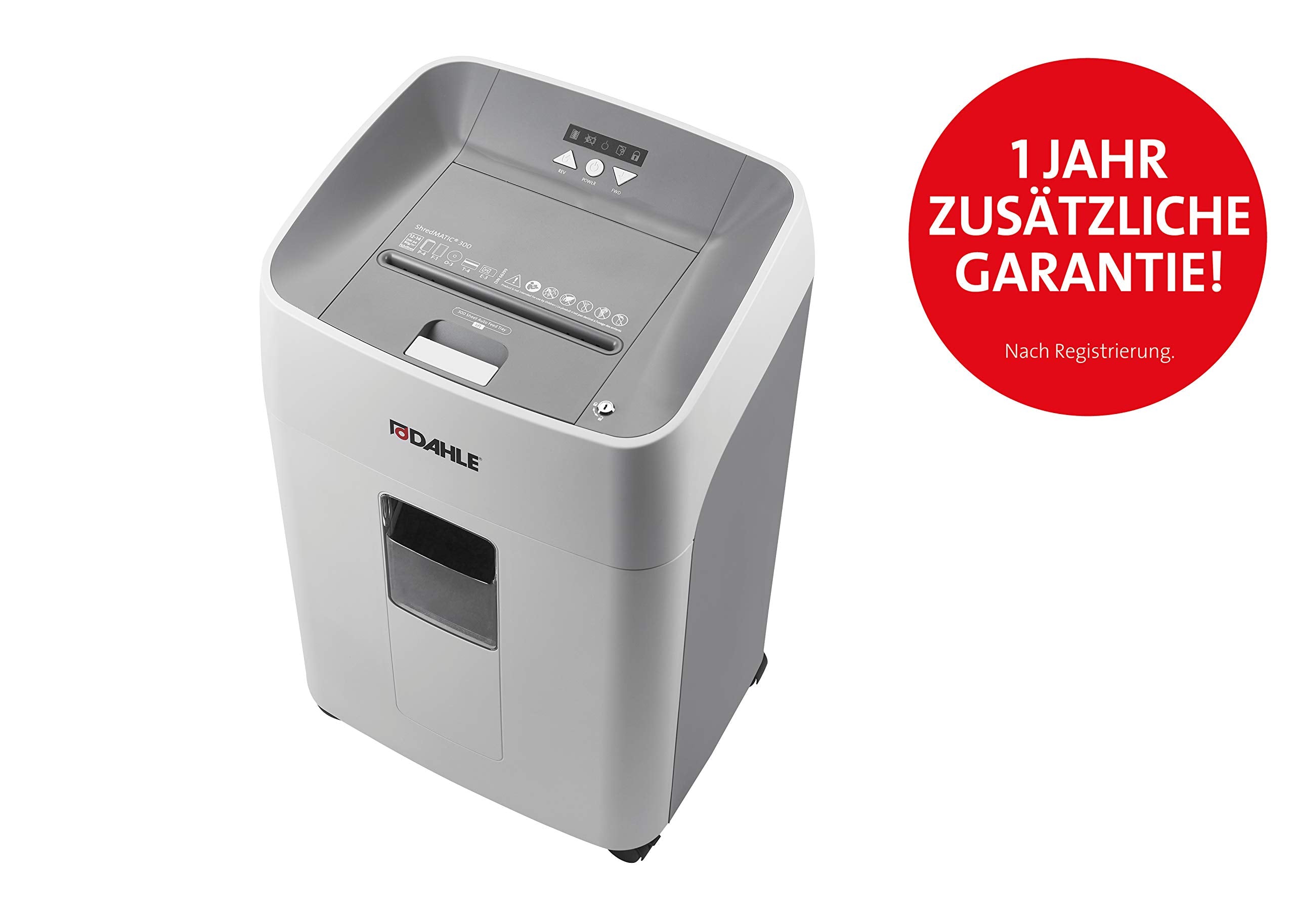 Dahle ShredMATIC 300 P4 Automatic Feed Shredder (300 Sheets, Particle Cut, Oil and Maintenance-Free, Automatic Paper Feeder), Grey