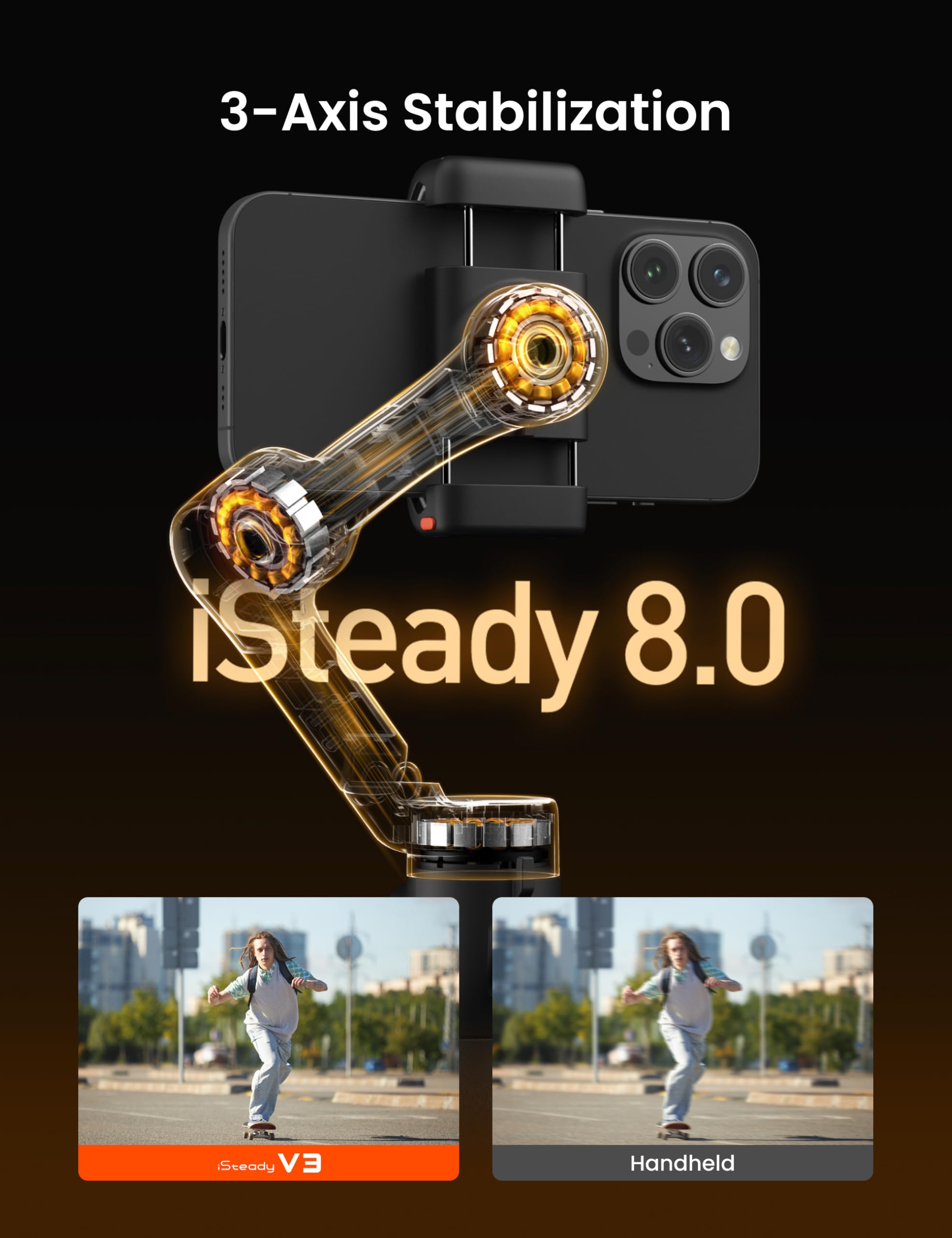 Hohem iSteady V3 Gimbal Stabilizer for Smartphone, 3-Axis Stabilization with AI Tracker, Detachable Remote Control, Built-in Extension Rod and Tripod, Portable and Foldable, Video Recording, Black