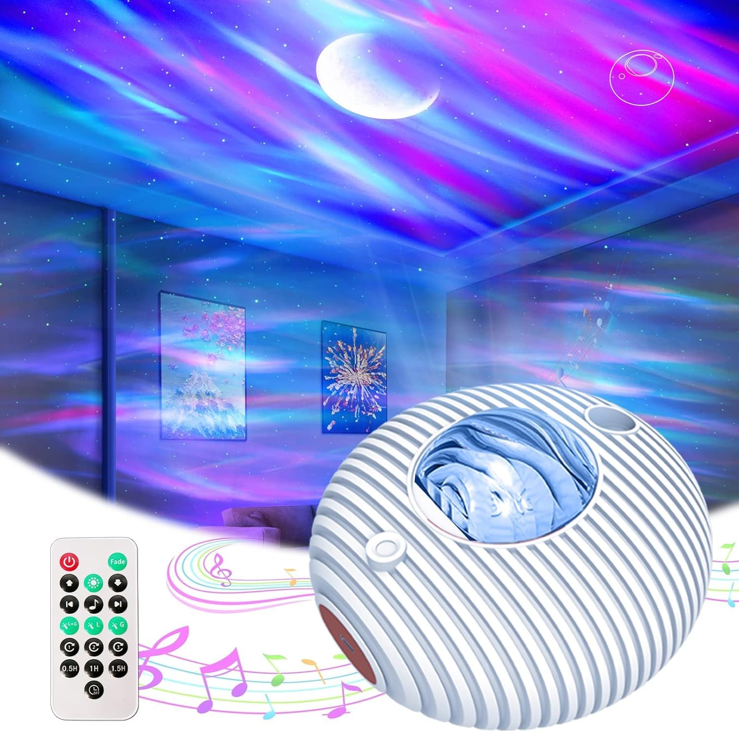 Flying Saucer Galaxy Projector Aurora Projector 2-in-1, Star Projector with 56 Light Effects and 5 White Noise, Night Light Projector for Kids Adults Home Theater