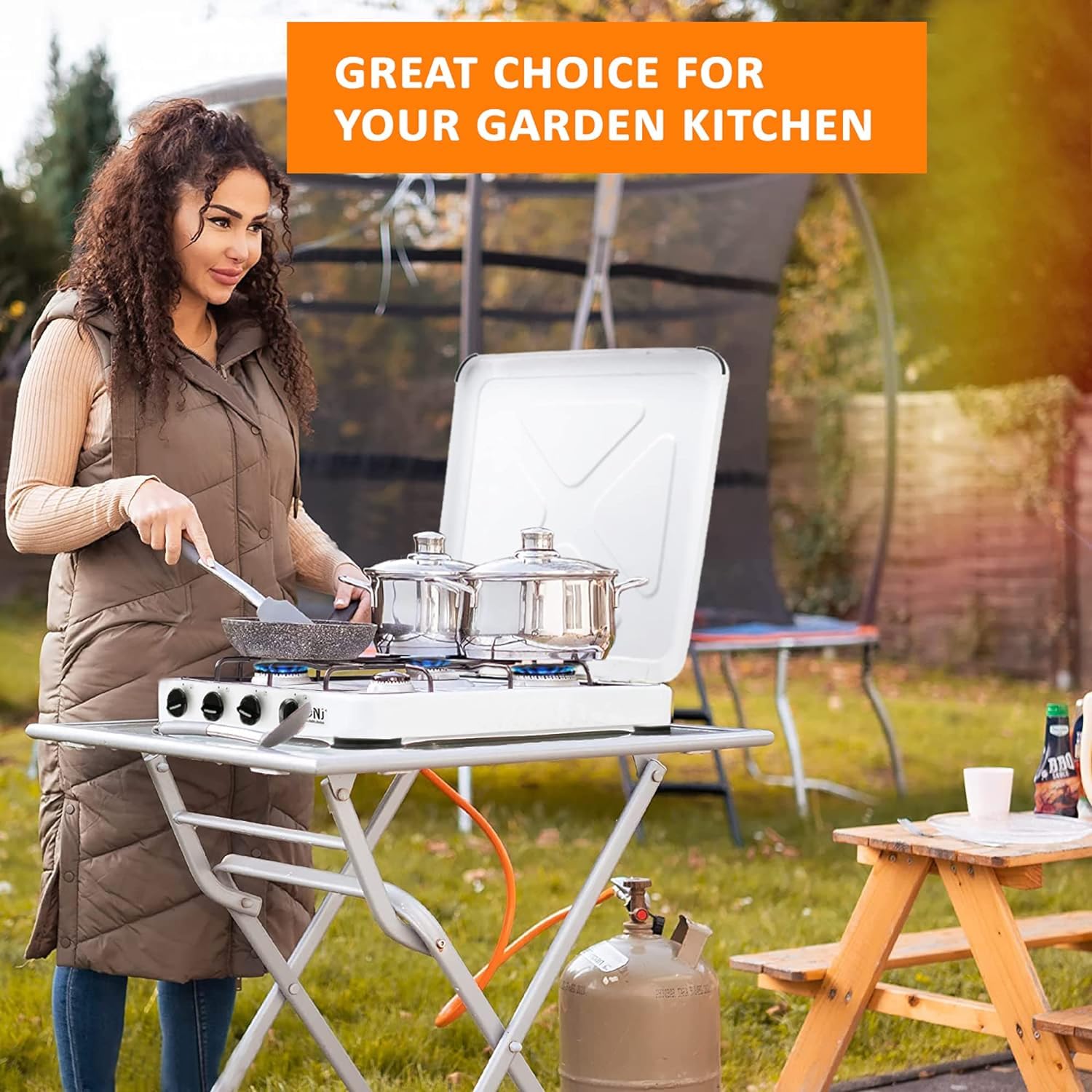 DLC Camping Gas Stove - Portable 5 Burner LPG Gas Stove with Cover 39255 for Outdoor, Garden and Home Use