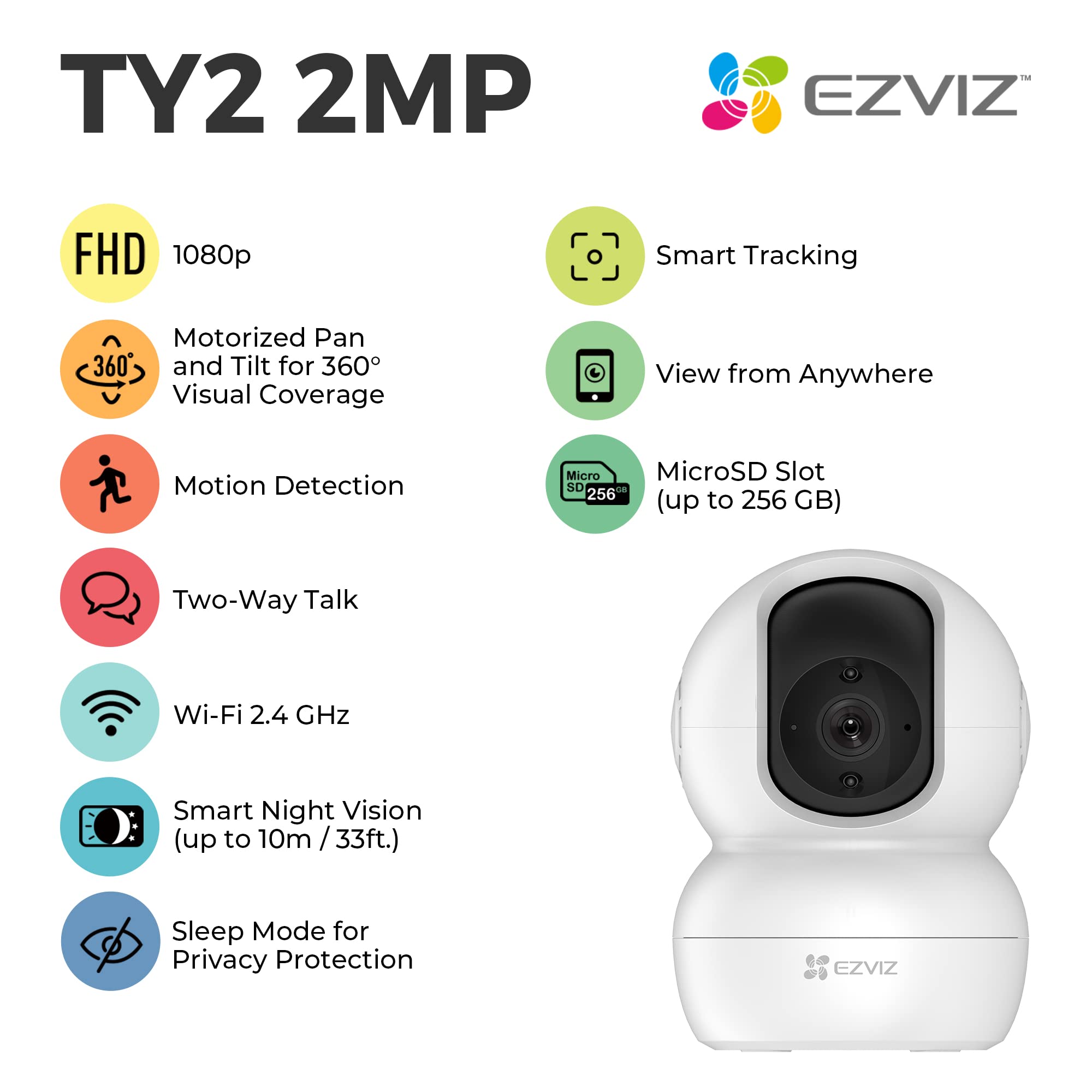 EZVIZ كاميرا ذكية CS-TY2 بخاصية واي فاي وخاصية الميل، 2 ميجابيكسل