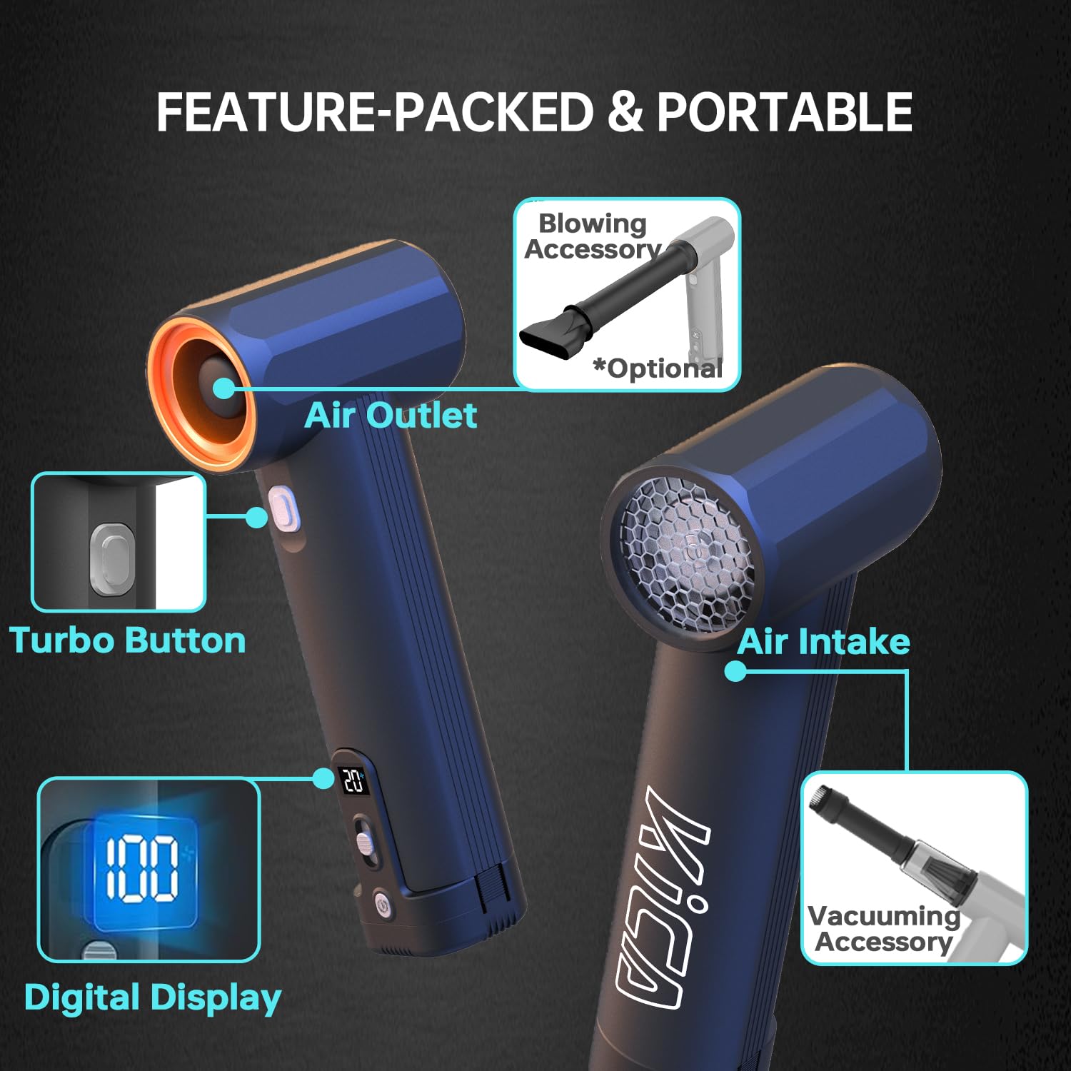 KIKA Car Dryer - 390 CFM Airflow, 785W Car Blower, 6x4000mAh Batteries, 205 MPH Speed, Smart Display, Cordless Air Blower for Car Lawn Care and Snow Removal - Jet Fan Max