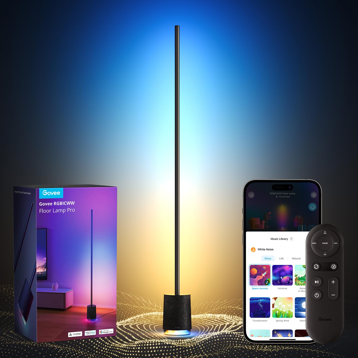 جوفي مصباح ارضي برو، مصباح LED RGBIC مع مكبر صوت بلوتوث وضوضاء بيضاء، مصباح قائم 2100 لومن، يعمل مع اليكسا، 16 مليون لون، مزامنة الموسيقى، مصباح ارضي لغرفة النوم وغرفة المعيشة، اسود