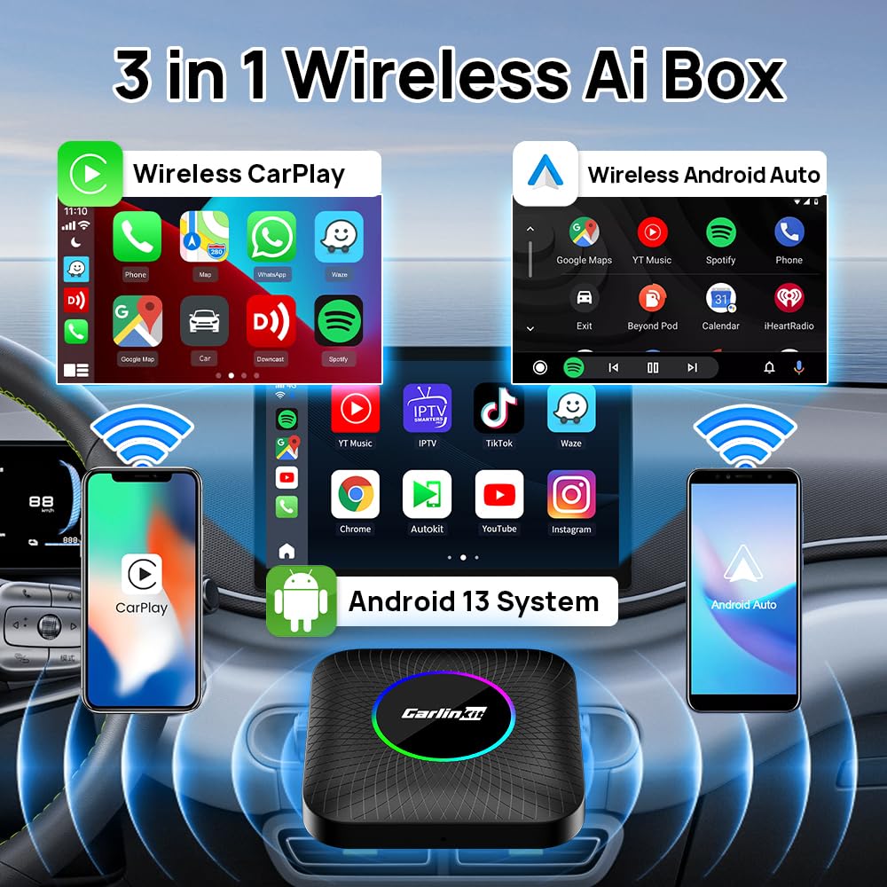 CarlinKit Ai Box CarPlay Android 13.0 for Wired CarPlay and Touchscreen Cars, Support YouTube/Netflix/TikTok/Google Play, Built-in 4G Net, 8-Core 8+128G