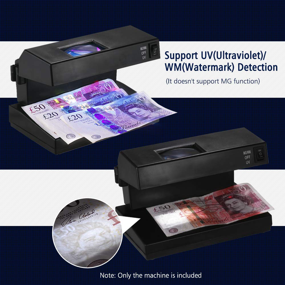 Portable Desktop Counterfeit Bill Cash Banknotes Notes Checker Machine Support Ultraviolet UV and Watermark Detection with Magnifier Forged Money Tester for USD EURO POUND, EU Plug