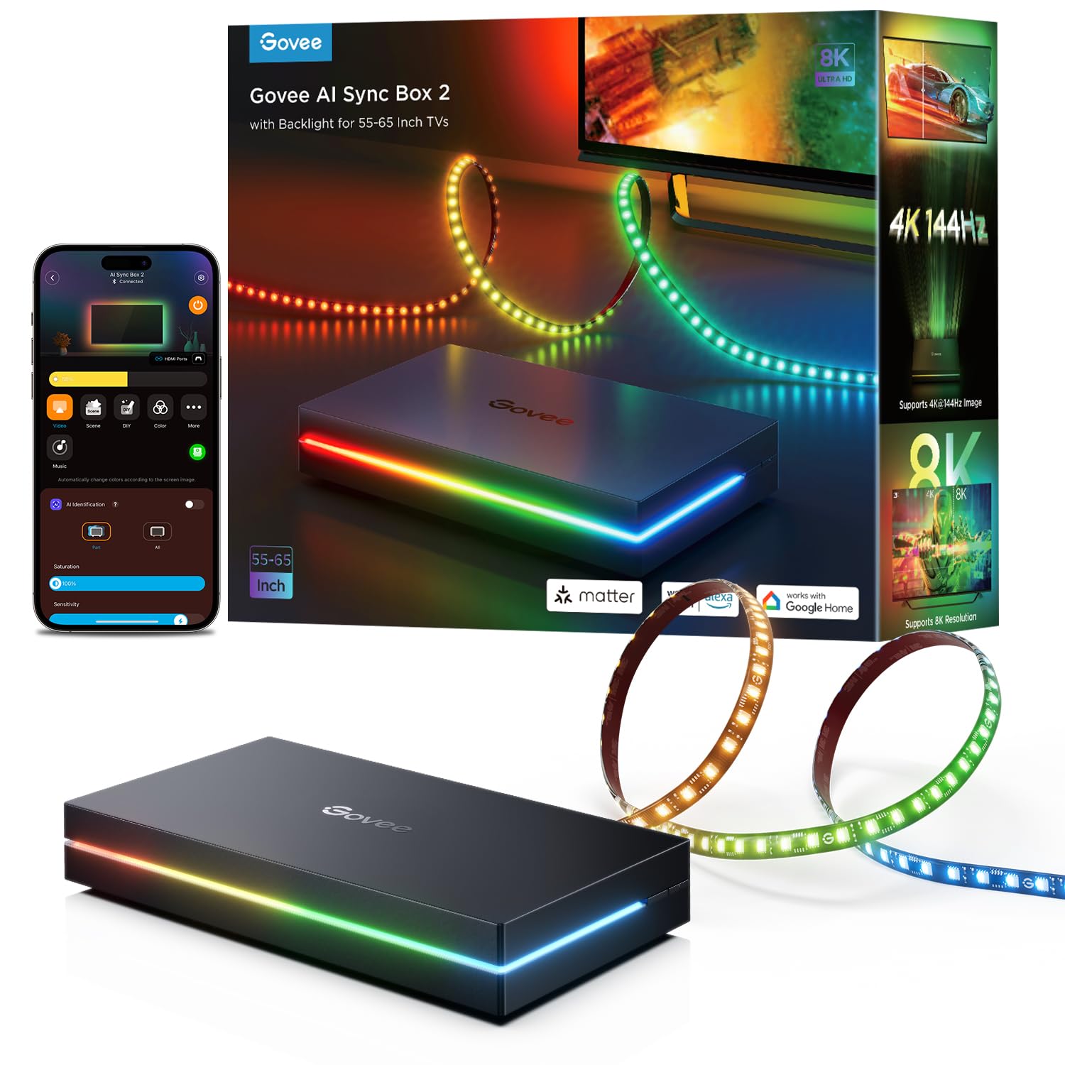جوفي صندوق مزامنة HDMI 2.1، صندوق مزامنة بالذكاء الاصطناعي مع اضاءة خلفية للتلفزيون، يدعم 8K@60Hz، 4K@144Hz، VRR وALLM، يعمل مع ماتر واليكسا، شريط اضاءة LED RGBIC لتلفزيونات 55-65 بوصة، 75 مصباح
