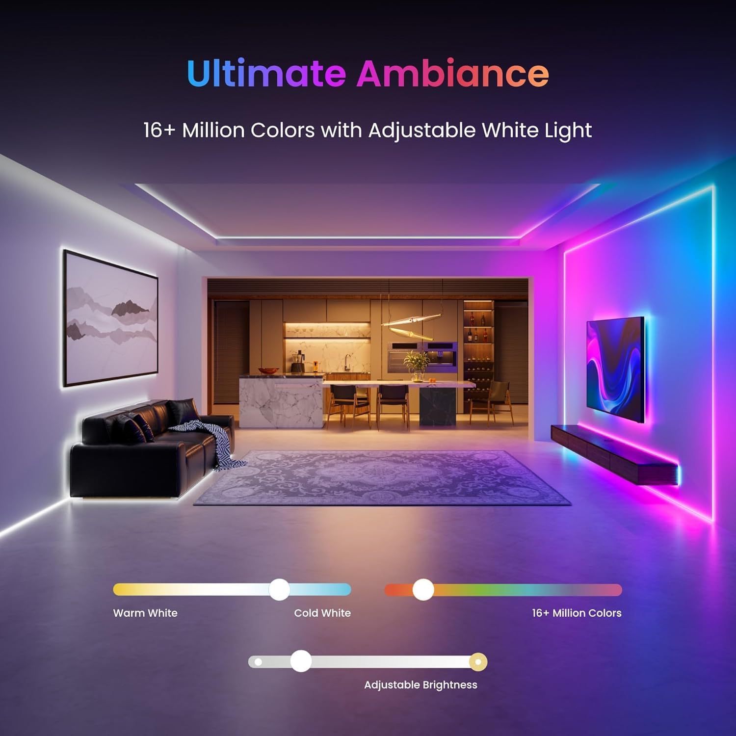 سويتش بوت شريط اضاءة LED بطول 5 متر 3 - اضاءة RGB ذكية + مصابيح LED بيضاء باردة ودافئة، متوافق مع المادة، تحكم بالصوت والتطبيق، يعمل مع ابل هوم واليكسا وجوجل هوم، 16 مليون لون، مزامنة الموسيقى، سطوع