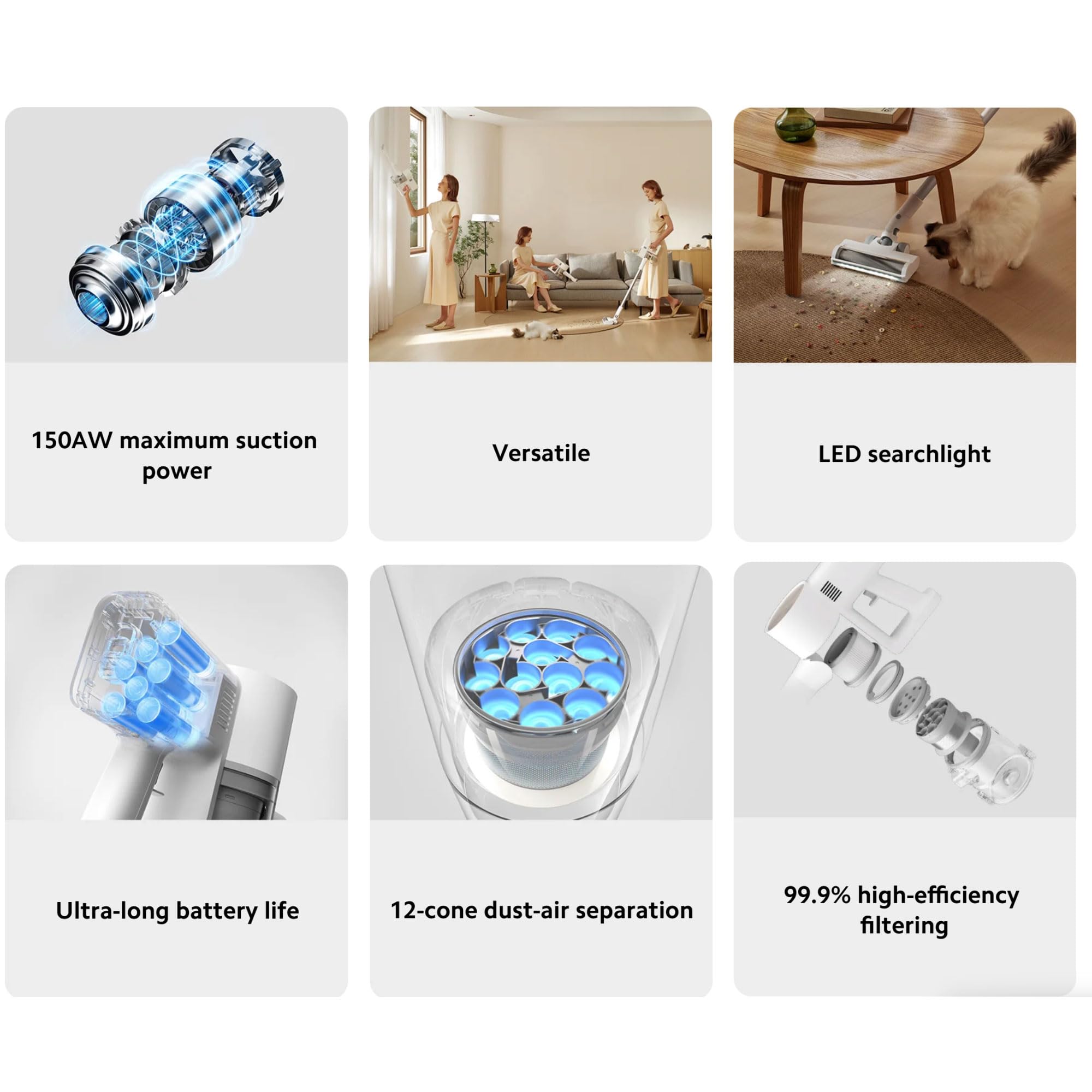 شاومي مكنسة كهربائية G20 بقوة شفط 150 واط، وقت تشغيل 60 دقيقة، فرشاة ارضية LED، فلتر 12 سيكلون، كفاءة ازالة الغبار بنسبة 99.9%