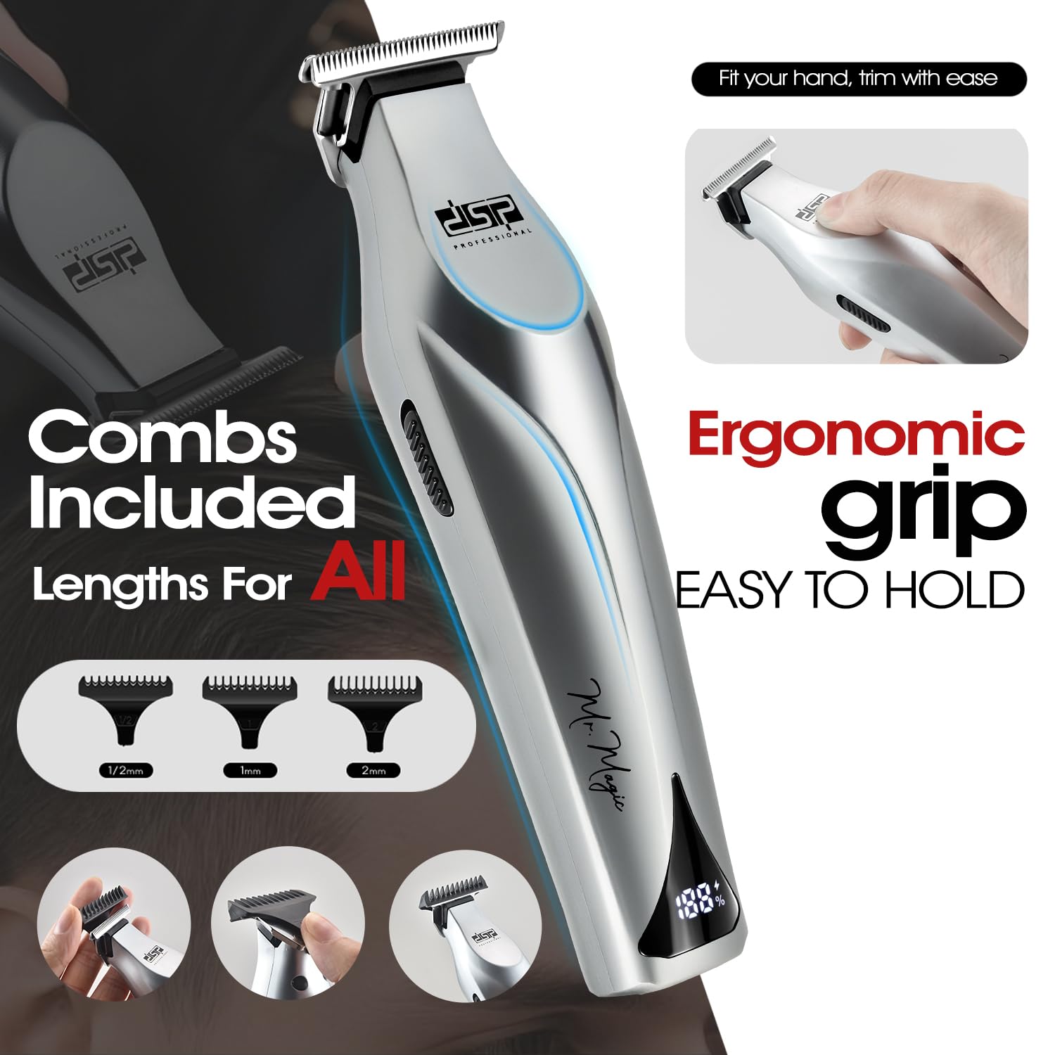 DSP Professional Trimmers for Barbers, T Blade Beard Trimmer for Men, Cordless Zinc Alloy Material Edgers Trimmer with Charge and Discharge Protection