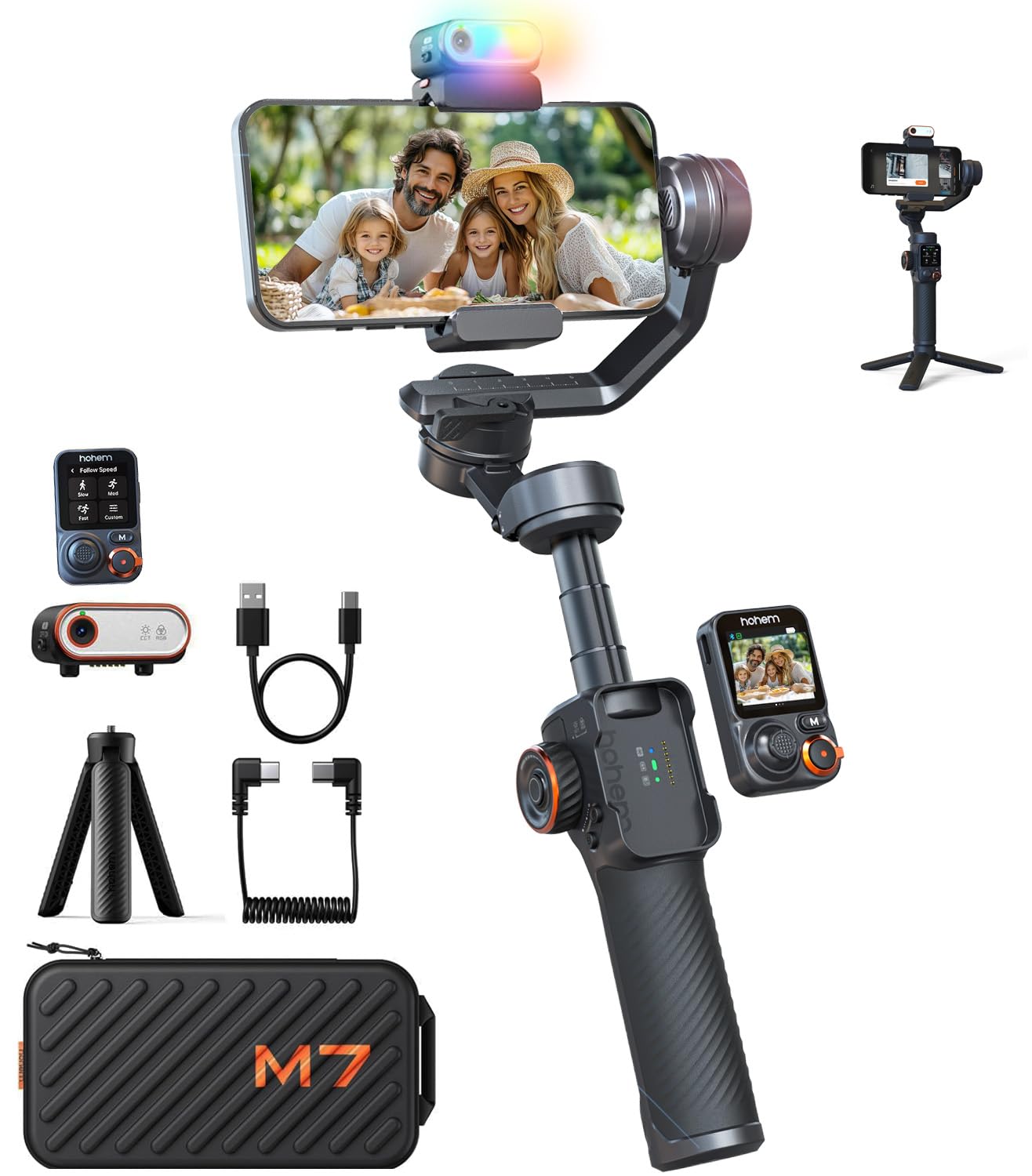 hohem iSteady M7 Gimbal Stabilizer for iPhone, 3-Axis Phone Gimbal with Magnetic AI Tracker Fill Light, Detachable Touchscreen Remote Controller, Built-in Extension Rod, 500g Payload