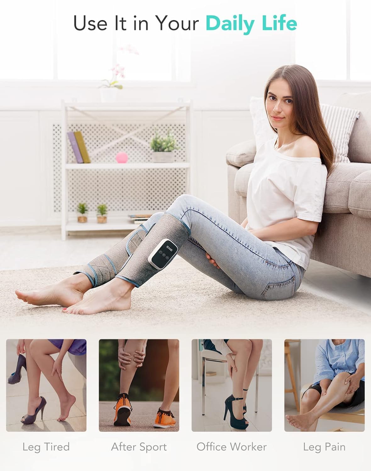 SKG Leg Massager with Heat, Cordless Foot and Calf Massager for Circulation, 3 Modes 3 Intensities Portable Leg Massager for Pain Relief Use at Home Office Car Women Men Gifts BM3-E