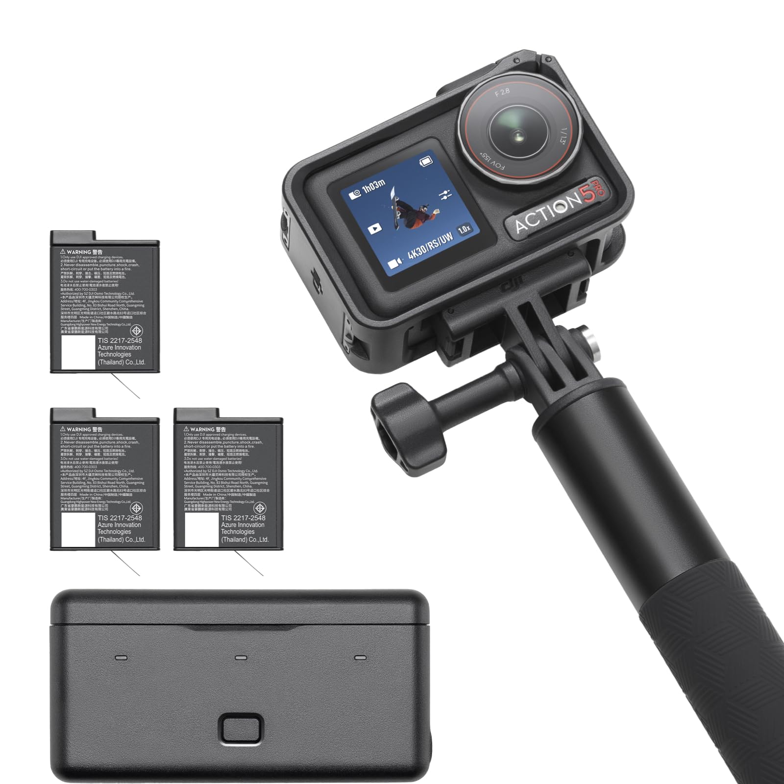 DJI كاميرا اكشن 5 برو ادفنتشر كومبو من اوسمو، كاميرا اكشن 4K مع مستشعر 1/1.3 انش، عمر بطارية ممتد 12 ساعة مع 3 بطاريات، تثبيت، شاشات لمس OLED مزدوجة، كاميرا اكشن صغيرة للسفر ومدونات الفيديو