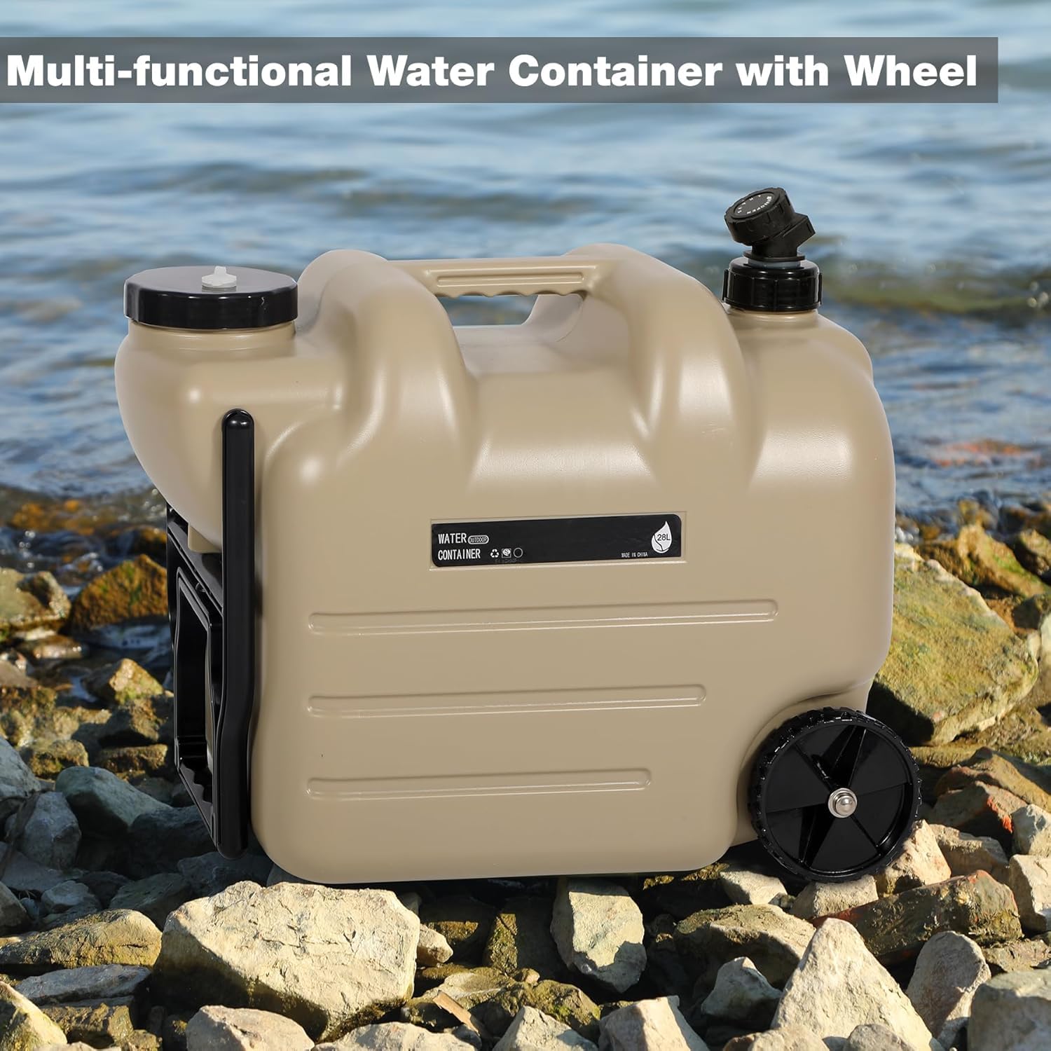 Fipka DLC 7.4 Gallon Water Container with Wheels & Folding Handle, Portable Emergency Water Storage Tank with Spigot, BPA Free Water Jug for Camping Outdoor Hiking (28L, Dlc-37328)