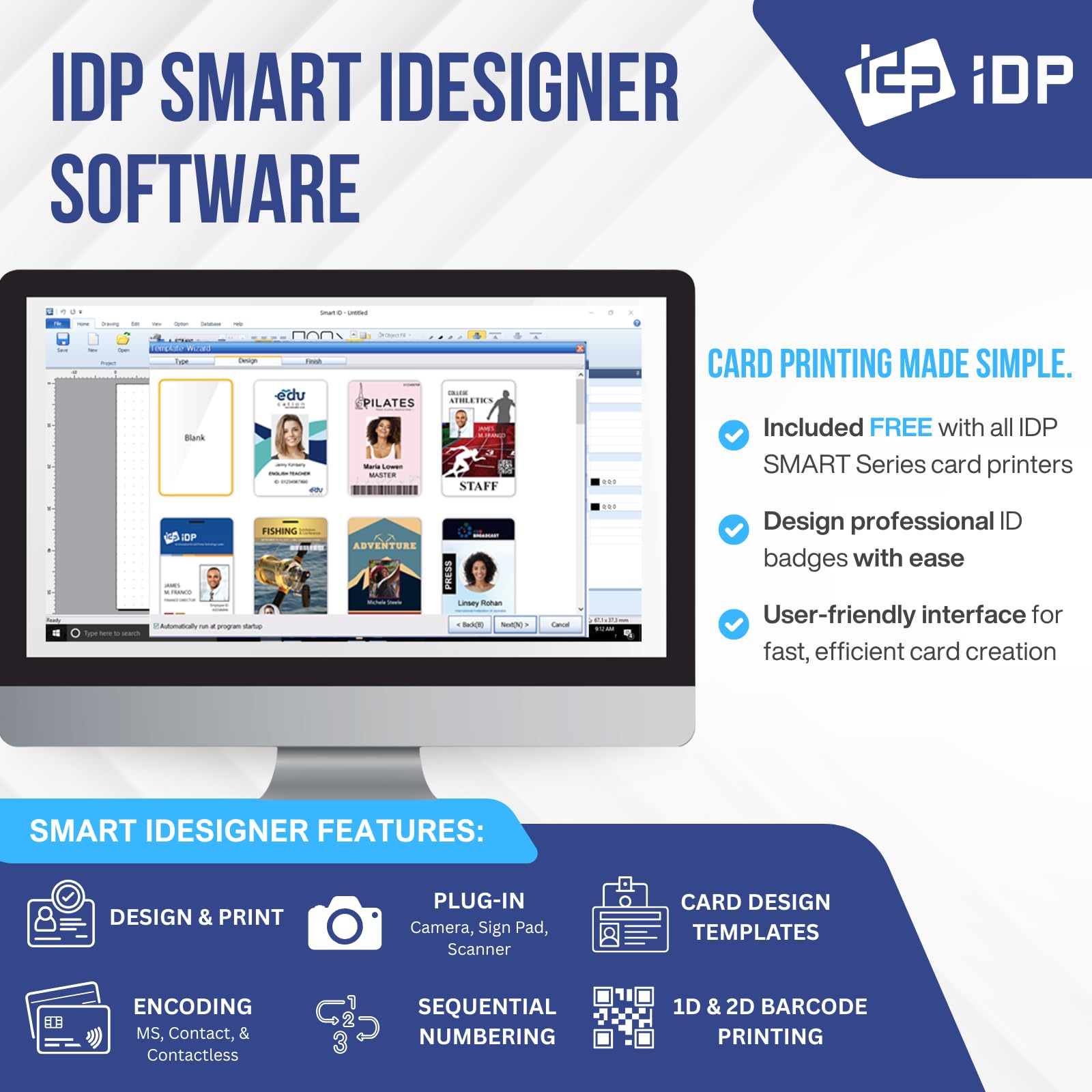 IDP SMART-31S Simple ID Card Printer Bundle with PC Software Only, 250 YMCKO Color Ribbon Prints and 100 PVC Plastic Cards