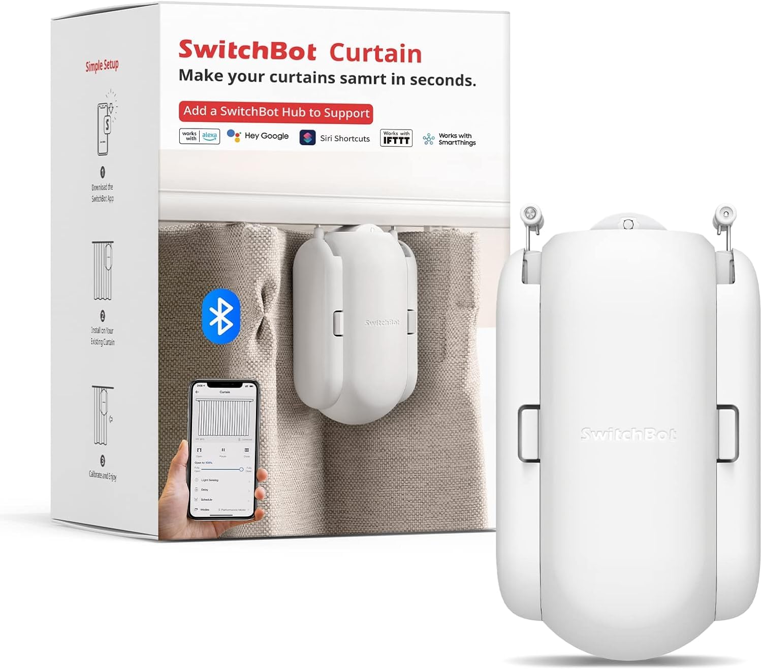 SwitchBot Curtain Smart Electric Motor - Wireless App or Automate Timer Control, Use SwitchBot Hub to be Compatible with Alexa, Google Home, HomePod, IFTTT (U-Rail, White)