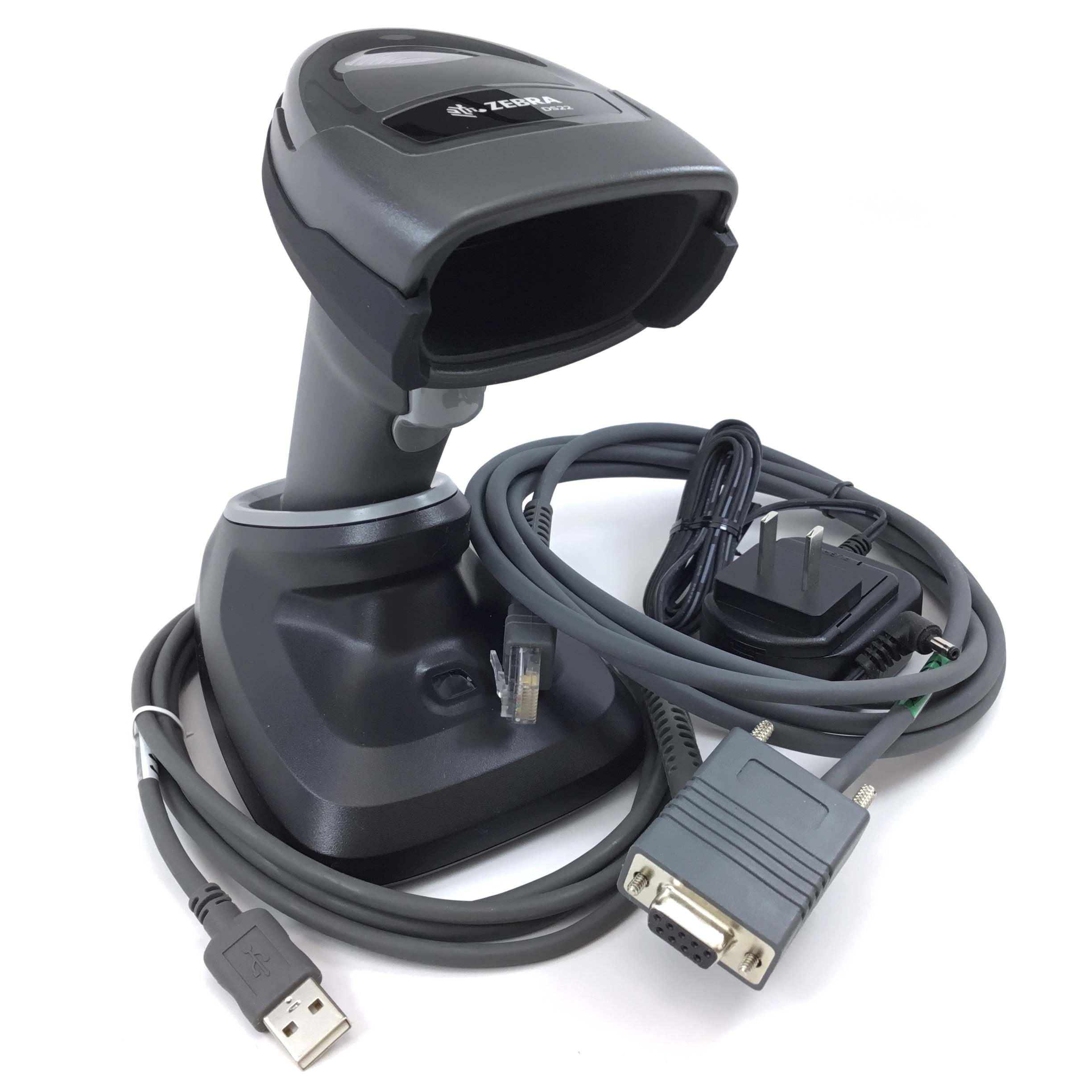 زيبرا ماسح باركود DS2278-SR لاسلكي 2D/1D بلوتوث من سيمبول، يتضمن حامل ومصدر طاقة وكابل RS232 وسلك USB