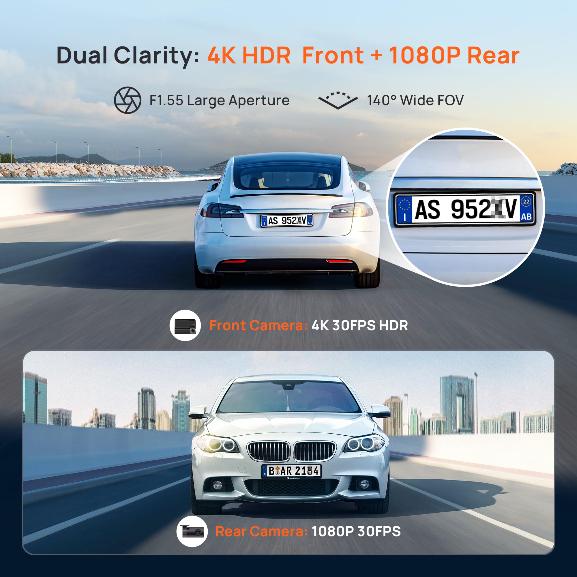 70mai 4K Dash Cam Front and Rear, Car Camera with HDR Night Vision, Built in WiFi6, GPS & ADAS, 24H Parking Mode, Time-Lapse, Voice Control, Loop Recording, Supercapacitor Support 512GB(A800SE)