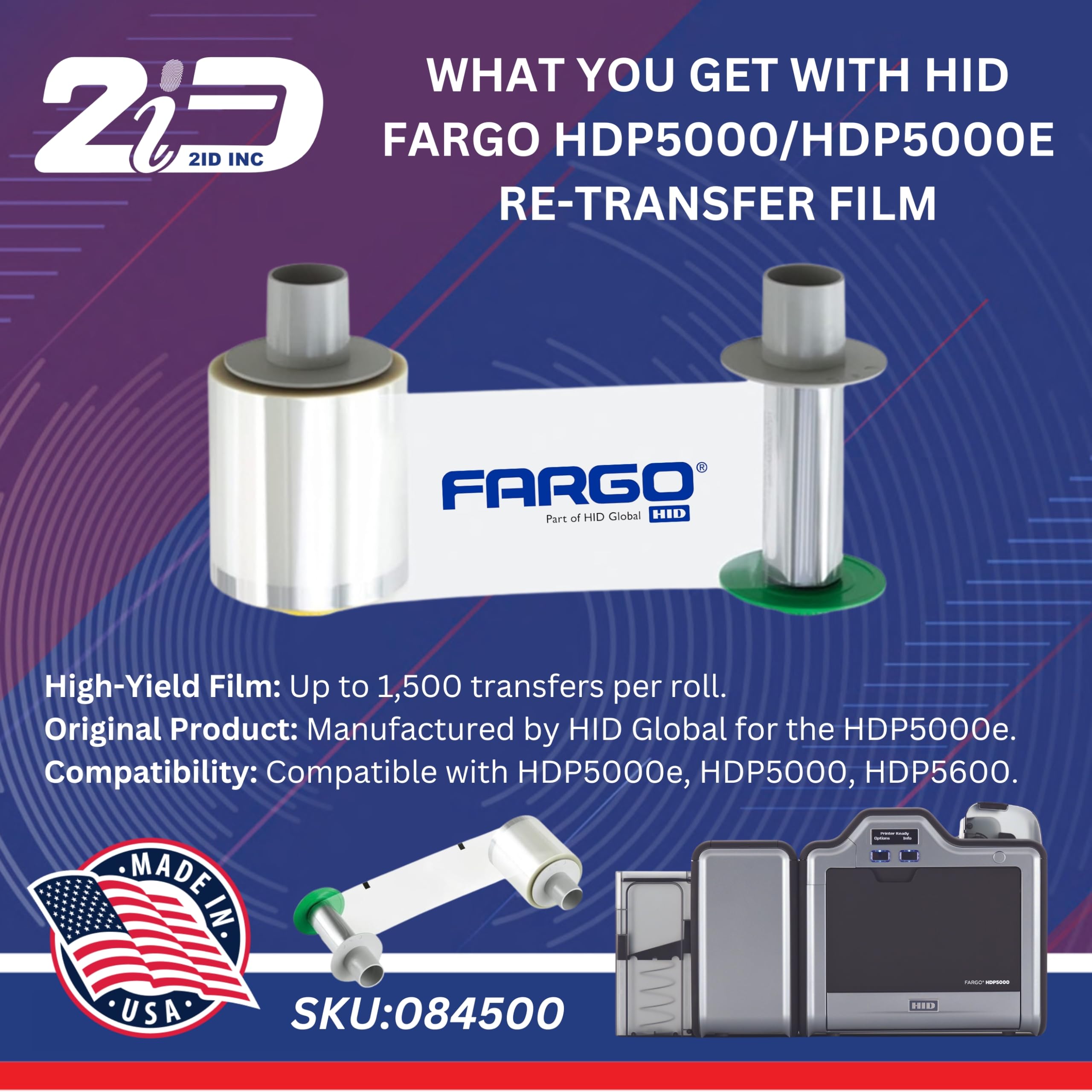 2ID - فيلم فارجو 084053 HDP ريترانسفر | سعة عالية - يطبع حتى 1500 صورة لكل لفة | متوافق مع طابعات بطاقات HDP5000 / HDPii | ينتج بطاقات هوية مثالية