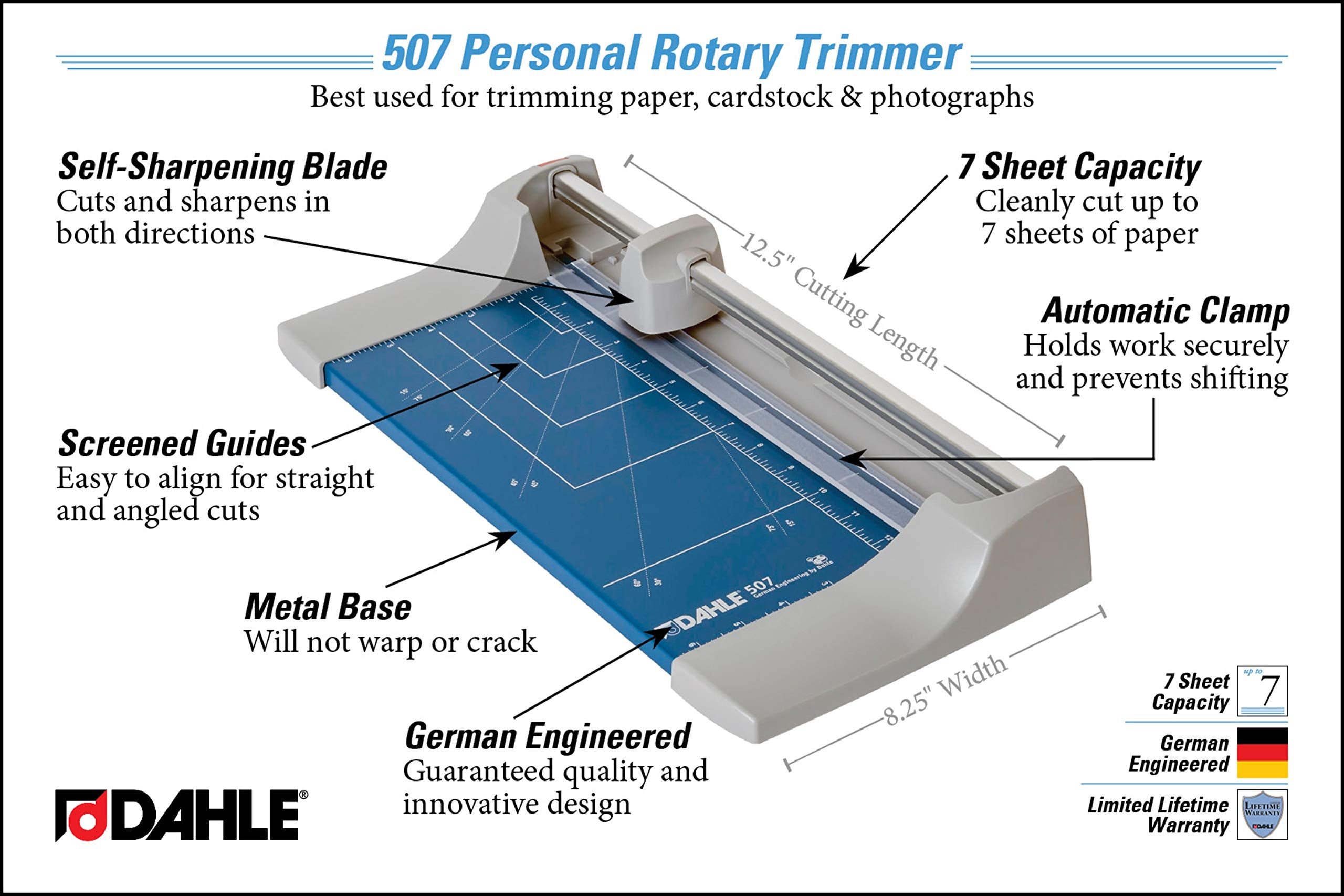 Dahle 507 Personal Rotary Trimmer, 12" Cut Length, 7 Sheet Capacity, Self-Sharpening, Automatic Clamp, German Engineered Paper Cutter