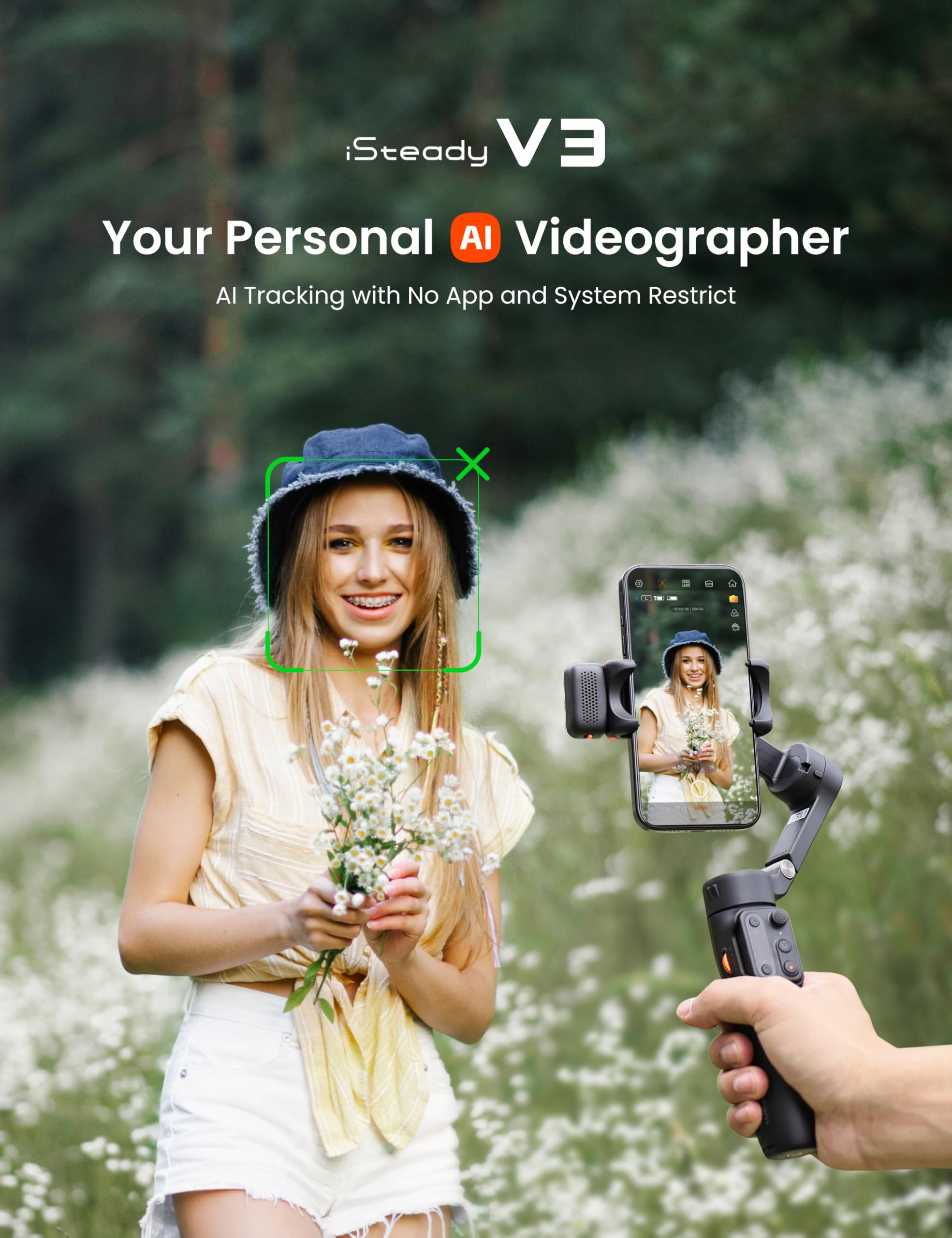 Hohem iSteady V3 Gimbal Stabilizer for Smartphone, 3-Axis Stabilization with AI Tracker, Detachable Remote Control, Built-in Extension Rod and Tripod, Portable and Foldable, Video Recording, Black