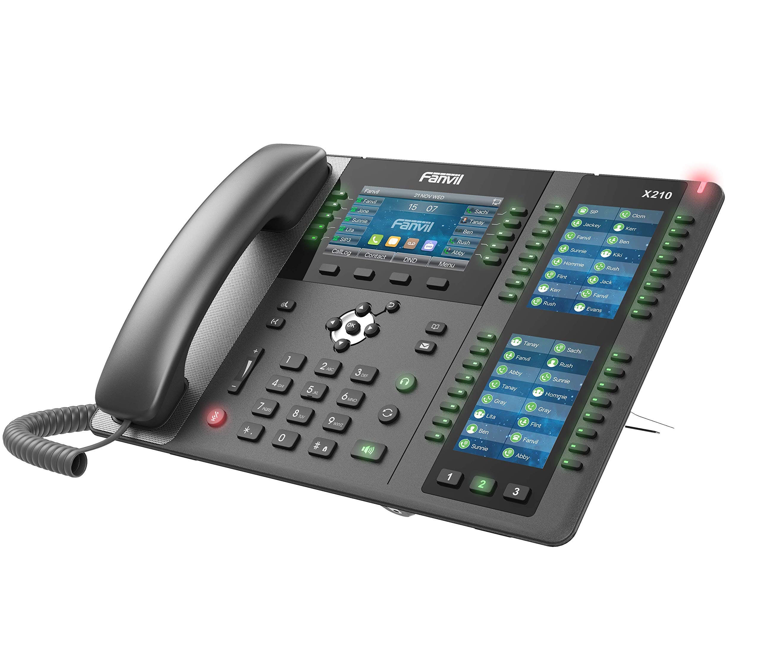 فانفيل هاتف X210 انتربرايز VoIP بشاشة ملونة 4.3 انش، شاشتان جانبيتان ملونتان 3.5 انش لمفاتيح دي اس اس. 20 خط اس اي بي، جيجابت ايثرنت ثنائي المنفذ، محول الطاقة غير متضمن