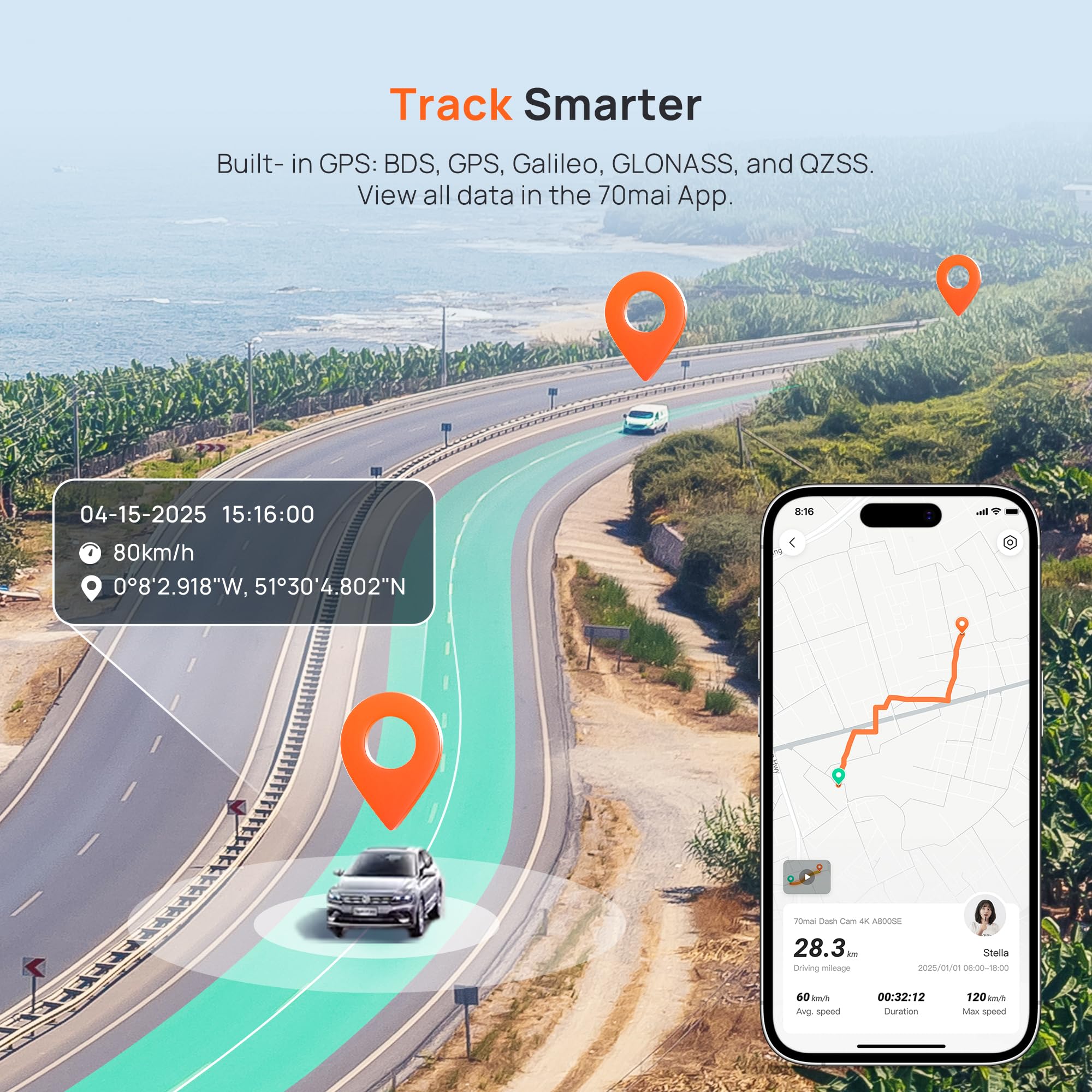 70mai 4K Dash Cam Front and Rear, Car Camera with HDR Night Vision, Built in WiFi6, GPS & ADAS, 24H Parking Mode, Time-Lapse, Voice Control, Loop Recording, Supercapacitor Support 512GB(A800SE)