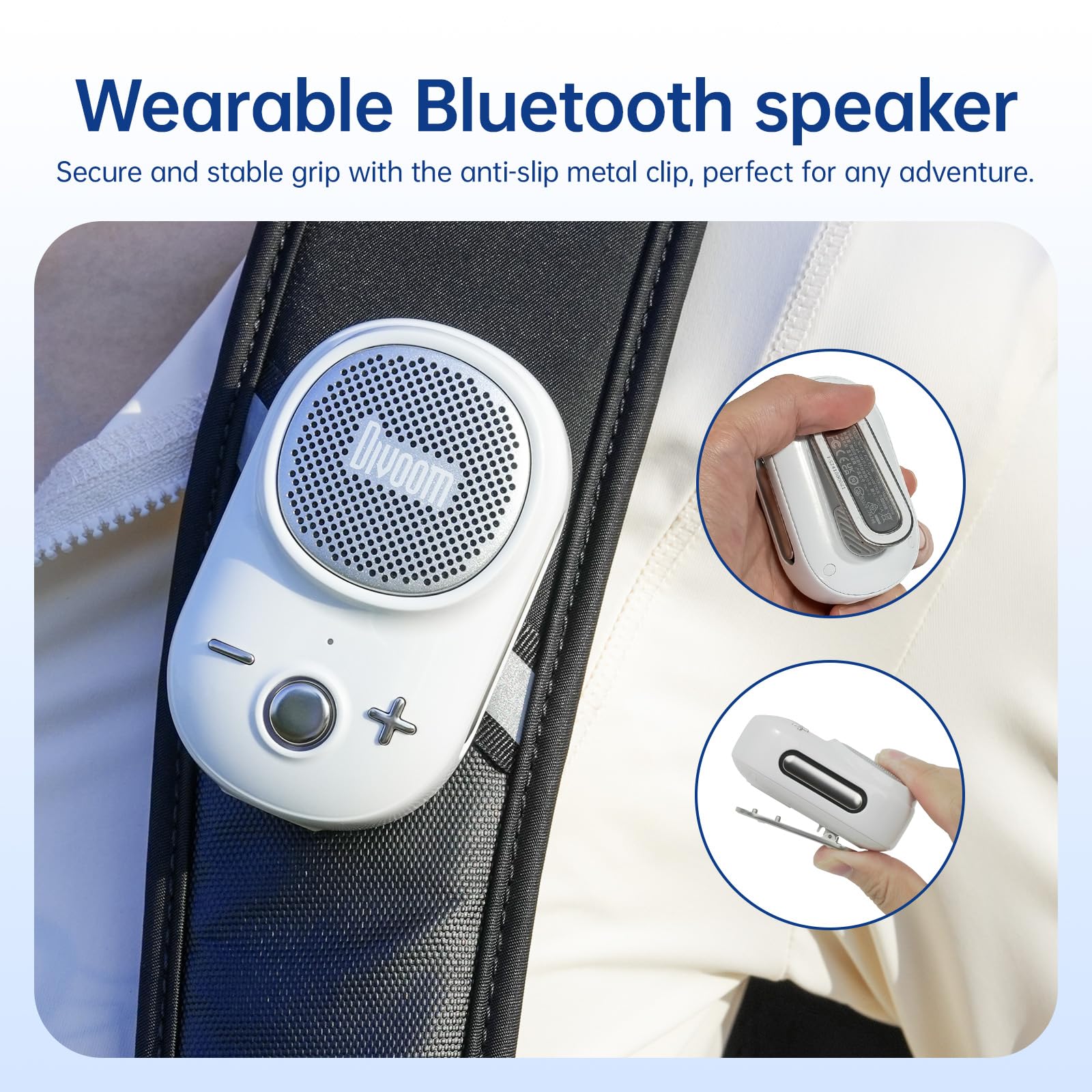 Divoom Itour-S Portable Mini Wireless Bluetooth Speaker, Big Audio and Punchy Bass,Clip-On Design, IP67 Waterproof and Dustproof,10 Hours Playtime,Speaker for Home Travel Office and Outdoors (White)