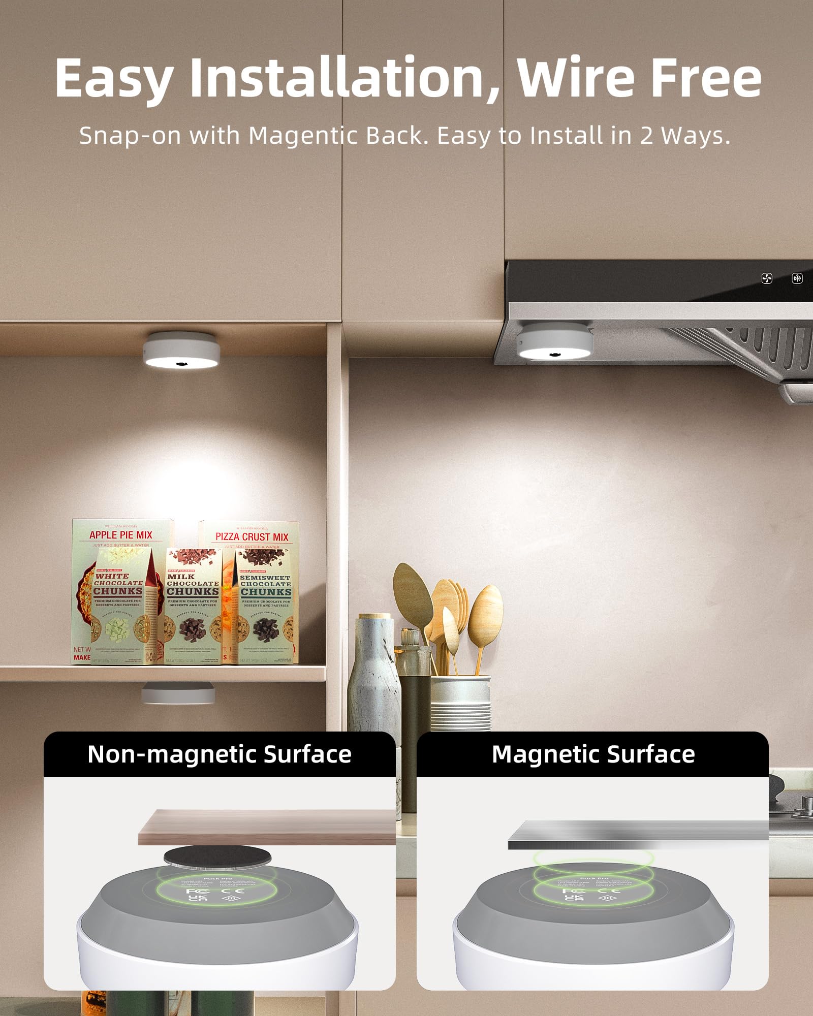 EZVALO Under Cabinet Lights, 2 Color Motion Sensor Lights, 1200mAh Rechargeable Puck Lights for Group Control, Dimmable LED Under Counter Lights for Kitchen and Cabinet (3 Pack)