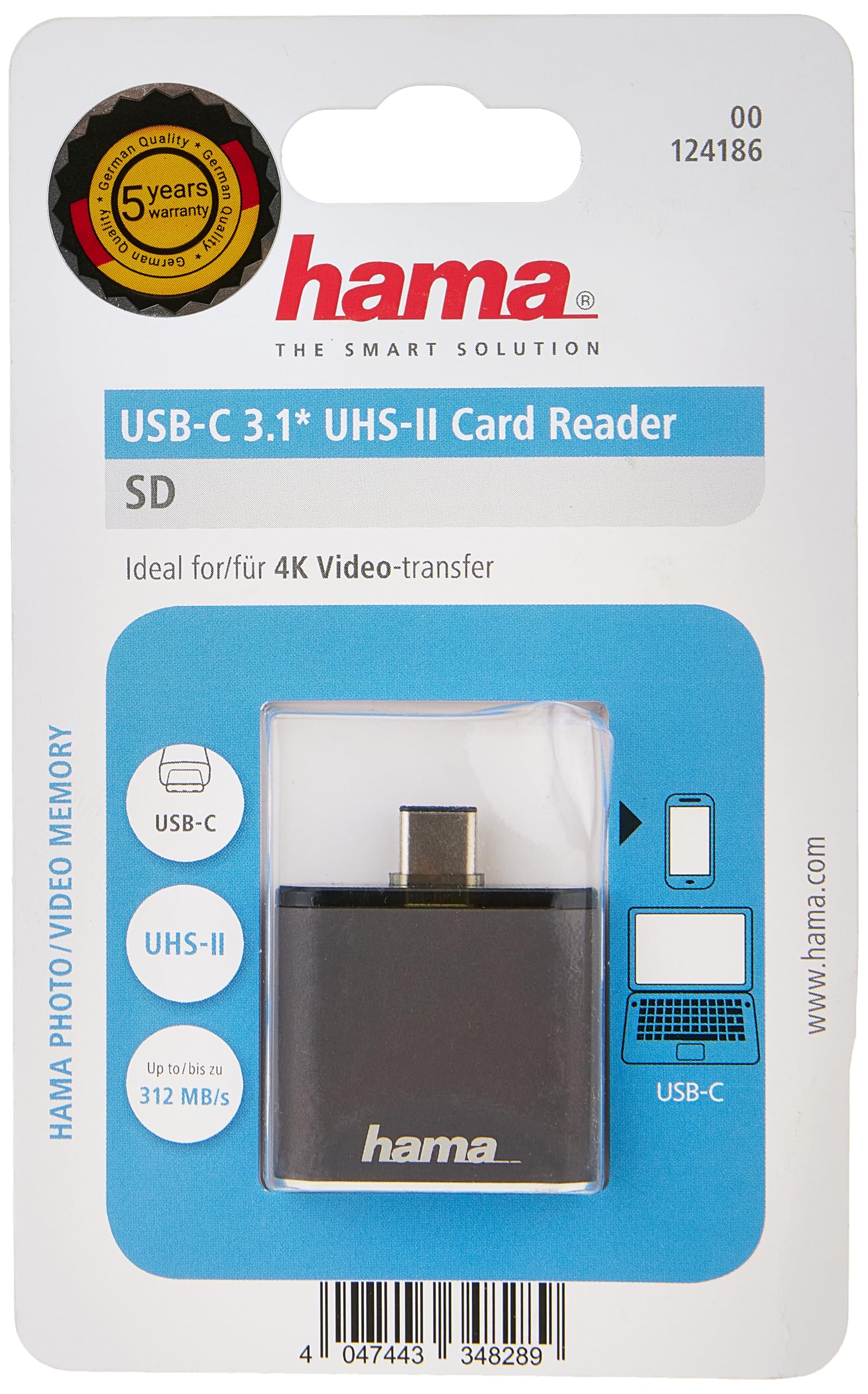 هاما 124186 قارئ بطاقات USB 3.1 SD UHS-II نوع سي، رمادي