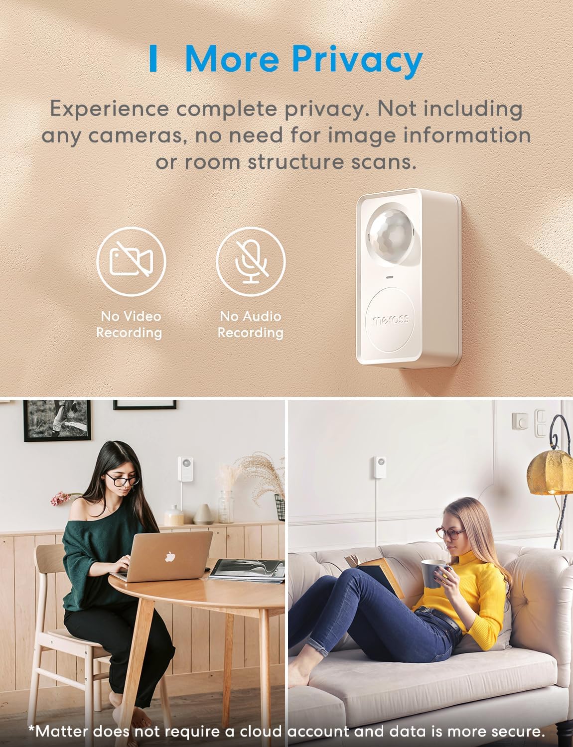 meross Matter Smart Presence Sensor, 3-in-1 mmWave Radar & PIR & Light Motion Sensor, AI Motion Detector for Home Automation and Security, Supports HomeKit, Alexa, Google Home, 2.4GHz Wi-Fi Only