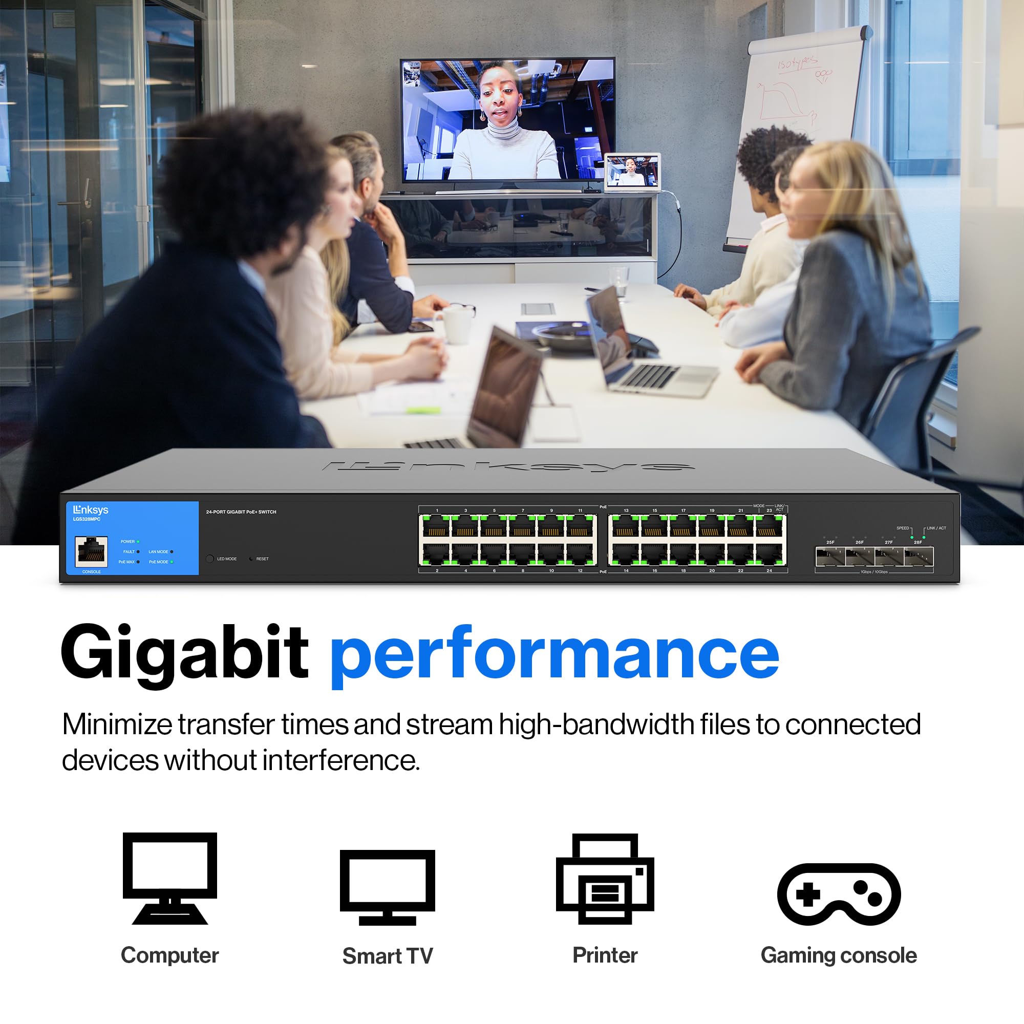 لينكسيس محول LGS328MPC 24 منفذ جيجابت PoE+ @ 410 واط مع 4 فتحات ابلينك SFP+ 10G - موزع ايثرنت ذكي مدار مع غلاف معدني، حامل لسطح المكتب / الحائط