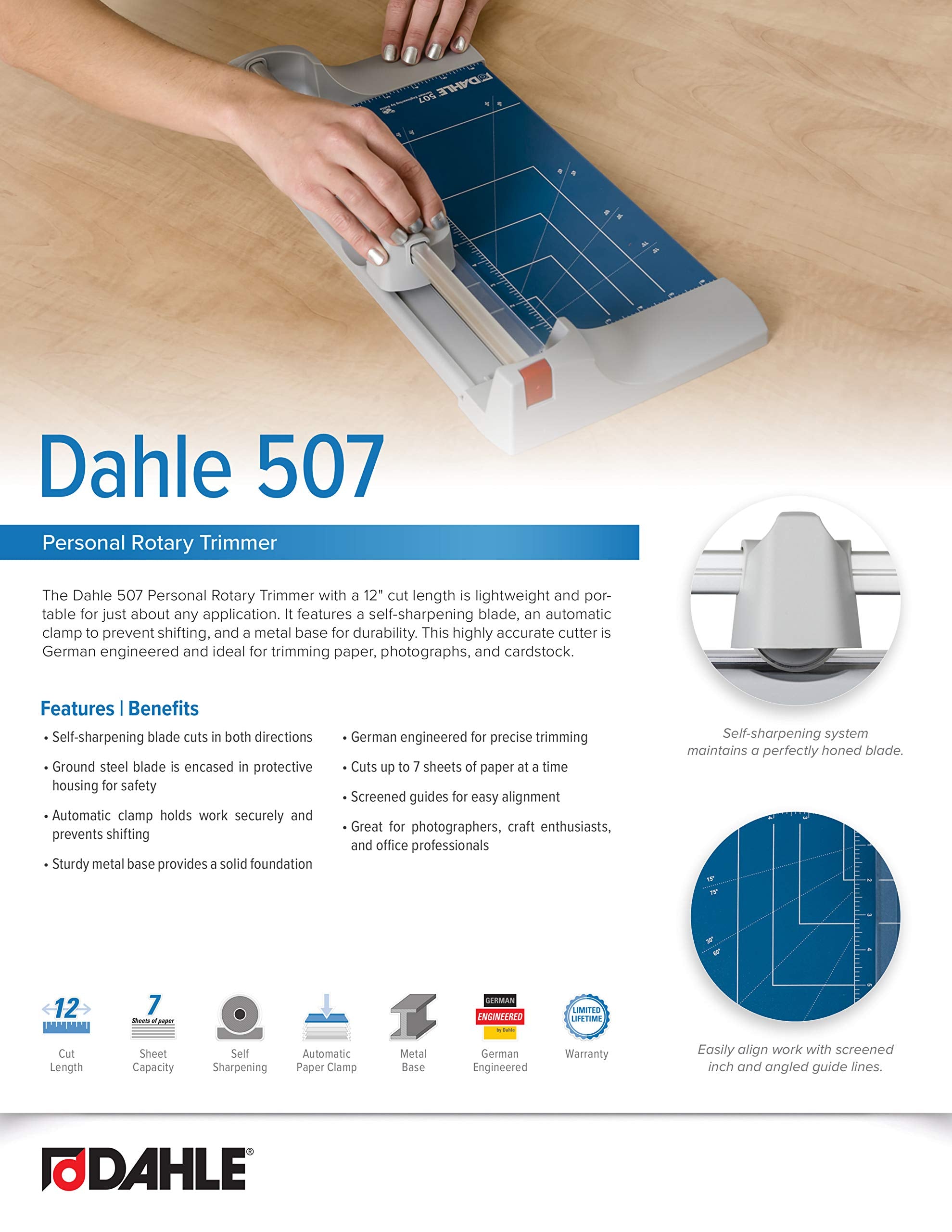 Dahle 507 Personal Rotary Trimmer, 12" Cut Length, 7 Sheet Capacity, Self-Sharpening, Automatic Clamp, German Engineered Paper Cutter