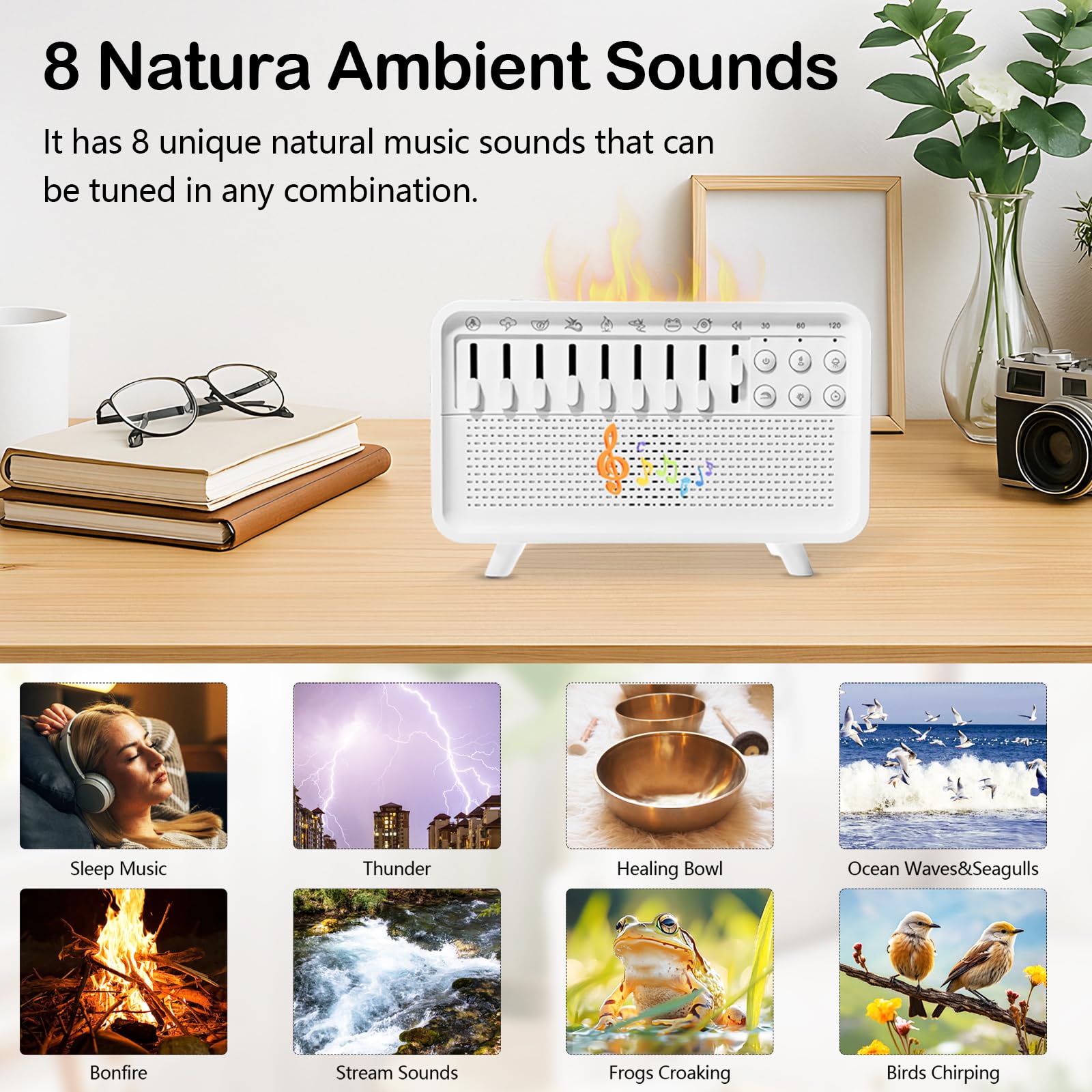 Air Humidifier with White Noise, Portable Sound Machine with Timer and 8 Natural Ambient Sounds, Humidifier with White Noise, Sleep Sound Machine, Flame Diffuser with Night Light