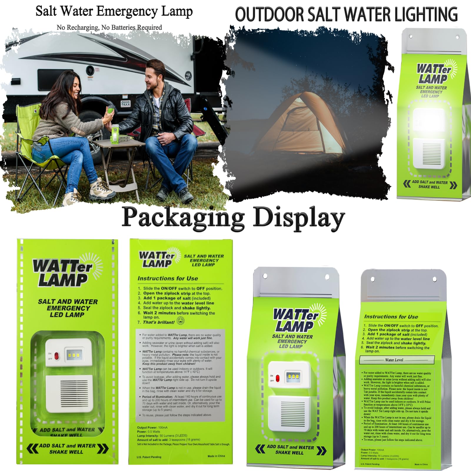 Salt Water Lamp Emergency Lighting Outdoor Lamp No Battery Pollution-Free Environmental Protection Lighting, Suitable for Outdoor Activities, Sustainable Use for 140 Hours
