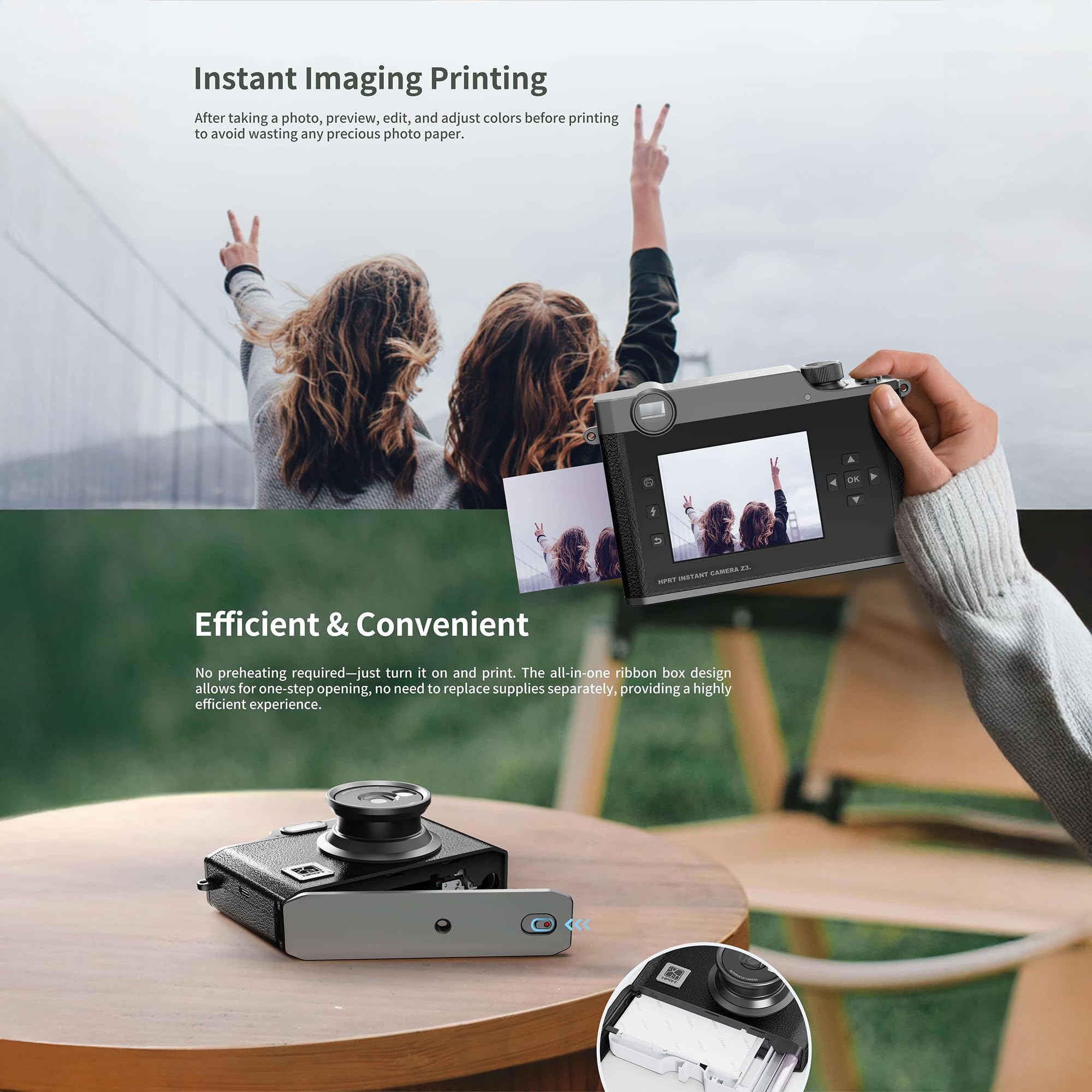 اتش بي ار تي كاميرا Z3 للطباعة الفورية - شاشة 2.8 انش، صبغ حراري تسامي، بلوتوث 5.2، تطبيق هاي فوتو، 8 مرشحات، تحرير وطباعة فورية (اسود)