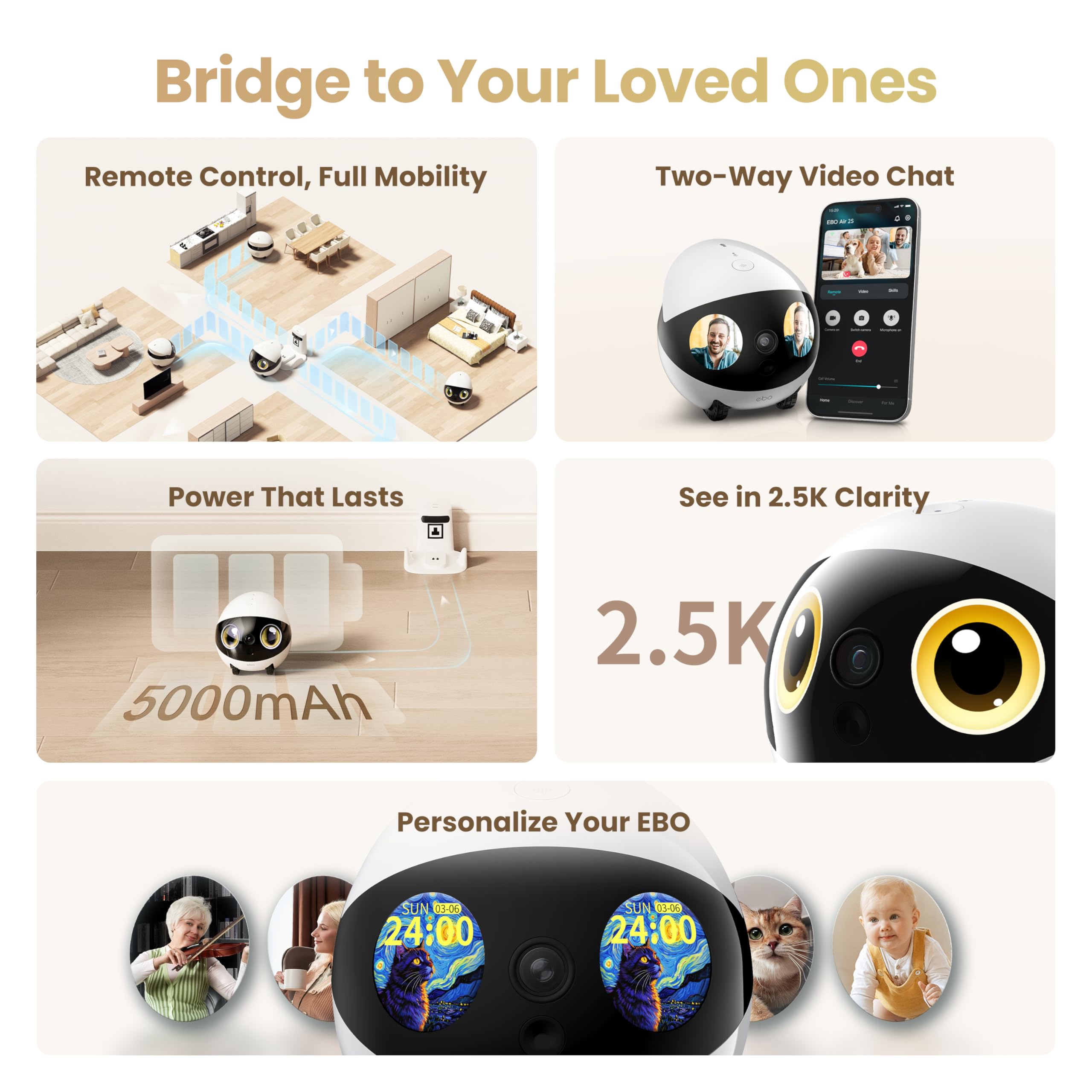 Enabot EBO Air 2S FamilyBot Home Robot Camera: 2.5K Indoor Pet Cam, Movable Robot Camera, 2-Way Video, Auto-Recharge, Long Battery Life, Custom Facial Image, Night Vision