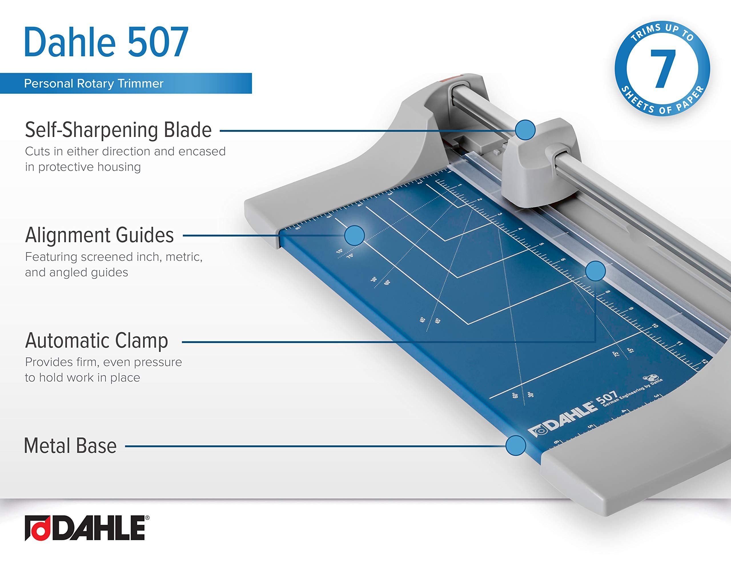 Dahle 507 Personal Rotary Trimmer, 12" Cut Length, 7 Sheet Capacity, Self-Sharpening, Automatic Clamp, German Engineered Paper Cutter