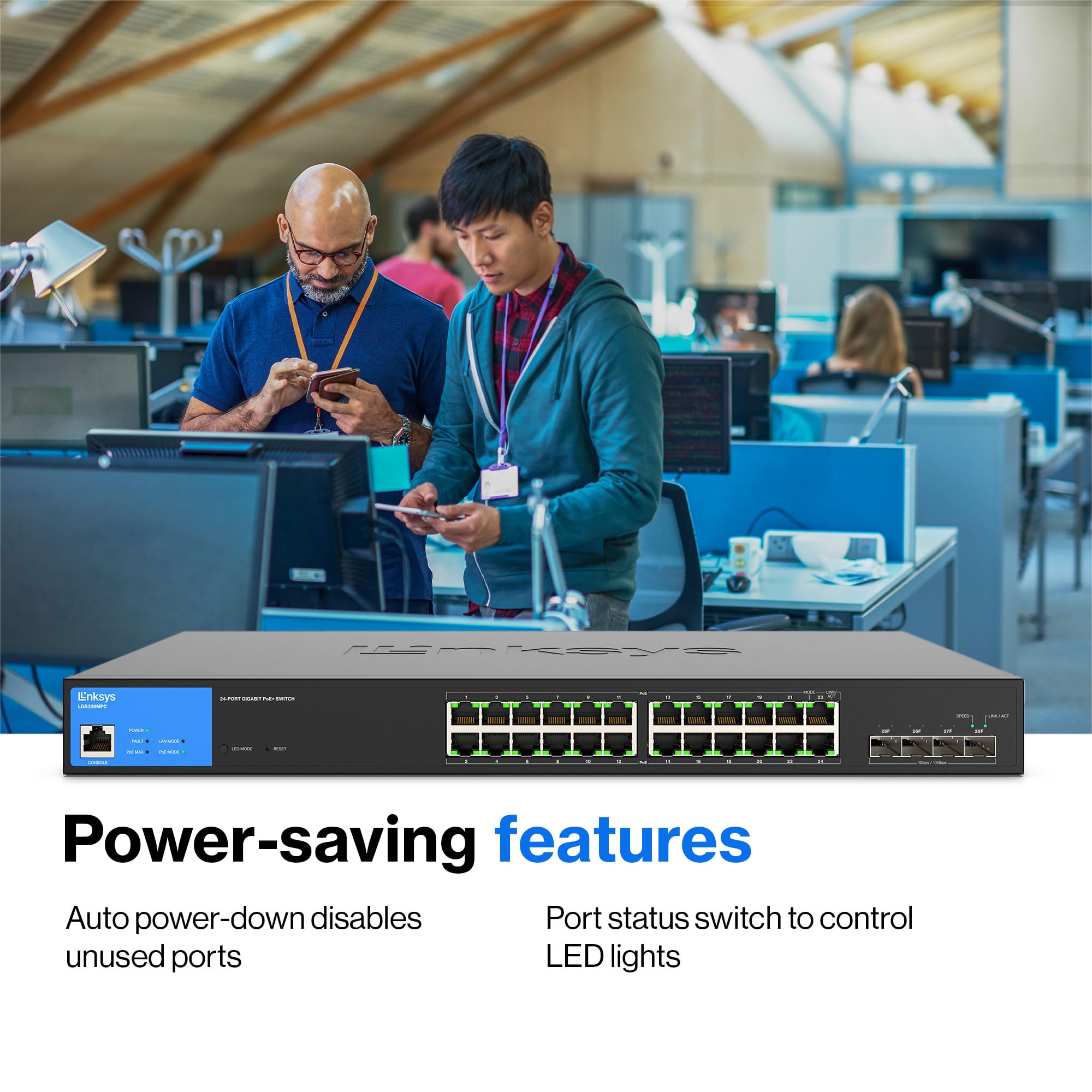 لينكسيس محول LGS328MPC 24 منفذ جيجابت PoE+ @ 410 واط مع 4 فتحات ابلينك SFP+ 10G - موزع ايثرنت ذكي مدار مع غلاف معدني، حامل لسطح المكتب / الحائط
