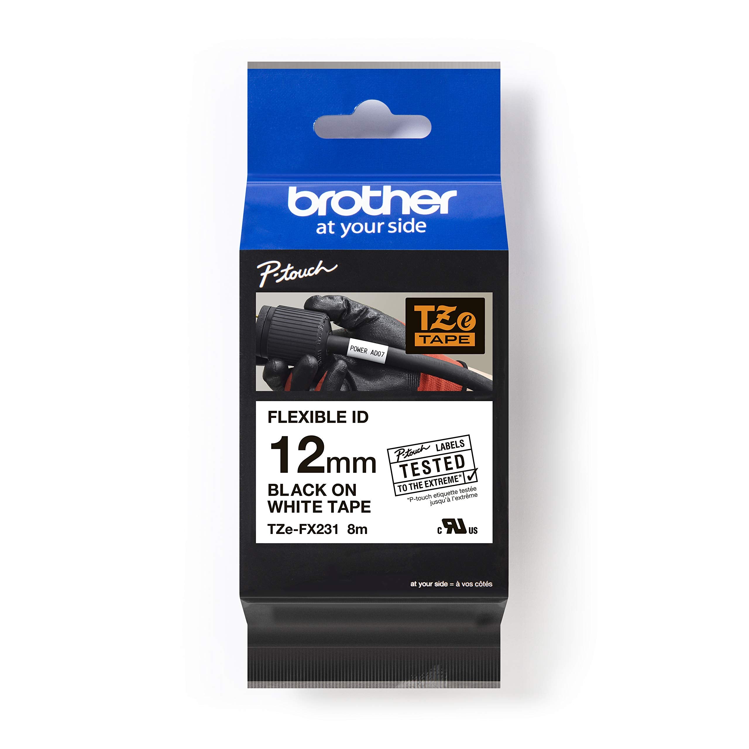 BROTHER Genuine TZe-FX231 Flexible ID Laminated Label Tape Replacement for Printers, Black on White, 12mm wide, 8m long