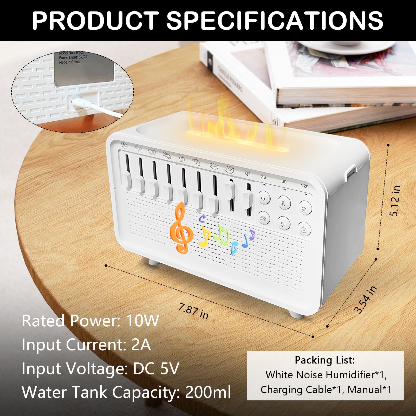 Air Humidifier with White Noise, Portable Sound Machine with Timer and 8 Natural Ambient Sounds, Humidifier with White Noise, Sleep Sound Machine, Flame Diffuser with Night Light
