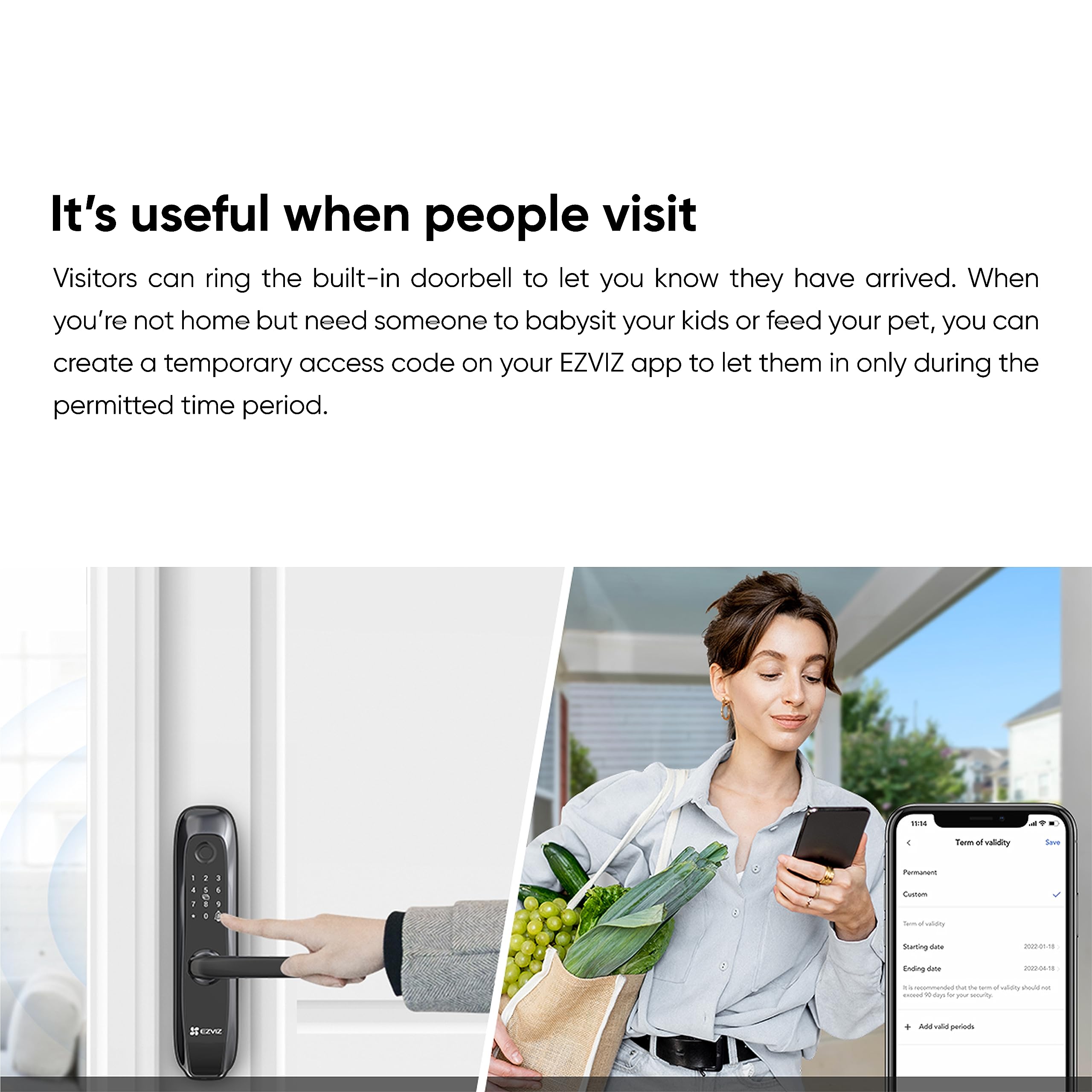 EZVIZ L2S Smart Fingerprint Lock, Keyless Lock with Four Unlocking Methods, Real-Time Mobile Alerts, Built-In Electronic Doorbell, Anti-Tamper Alarm, Low Battery Warning, Easy User Management
