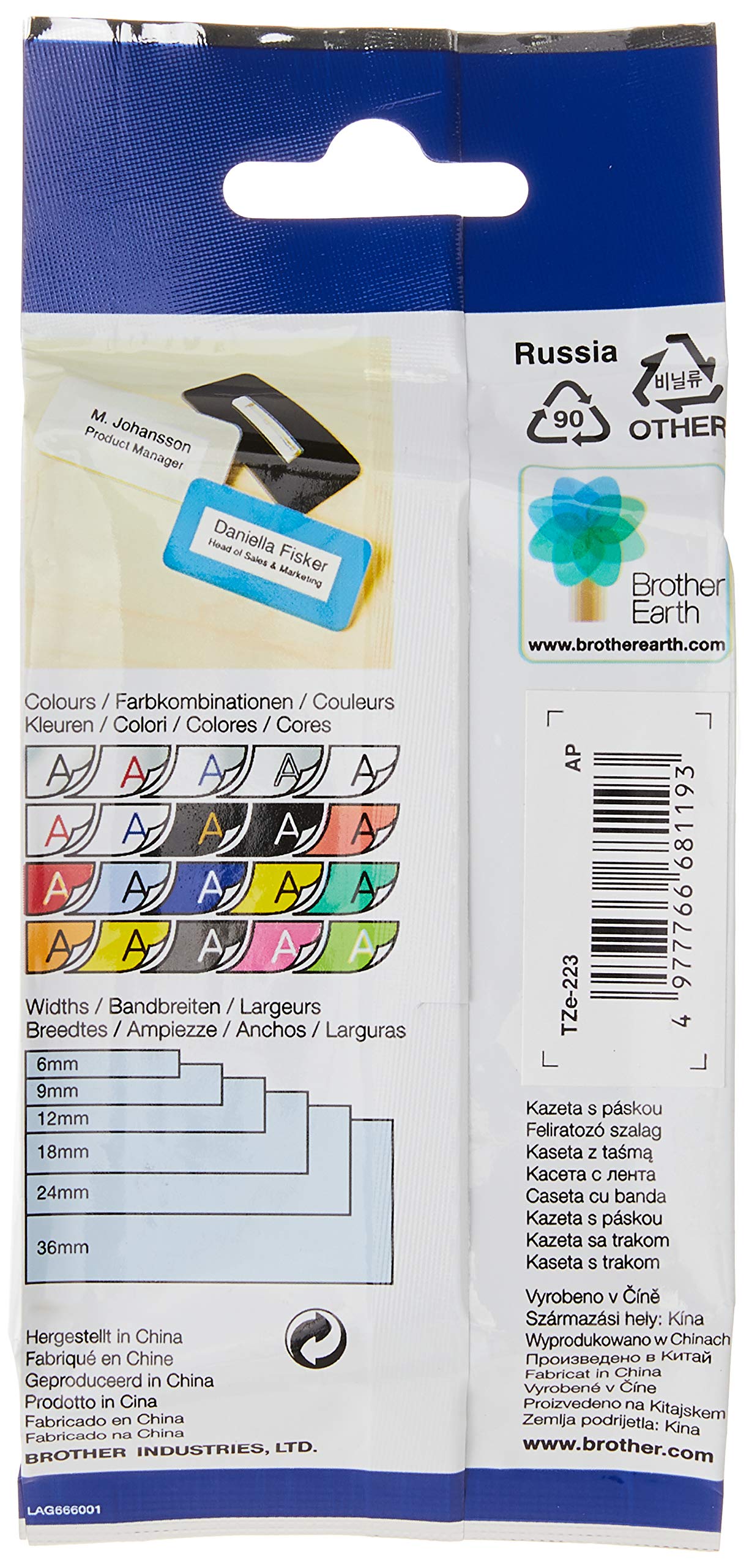 Brother Genuine TZe-223 9mm Standard Laminated Label, Blue on White Tape, 8M Length