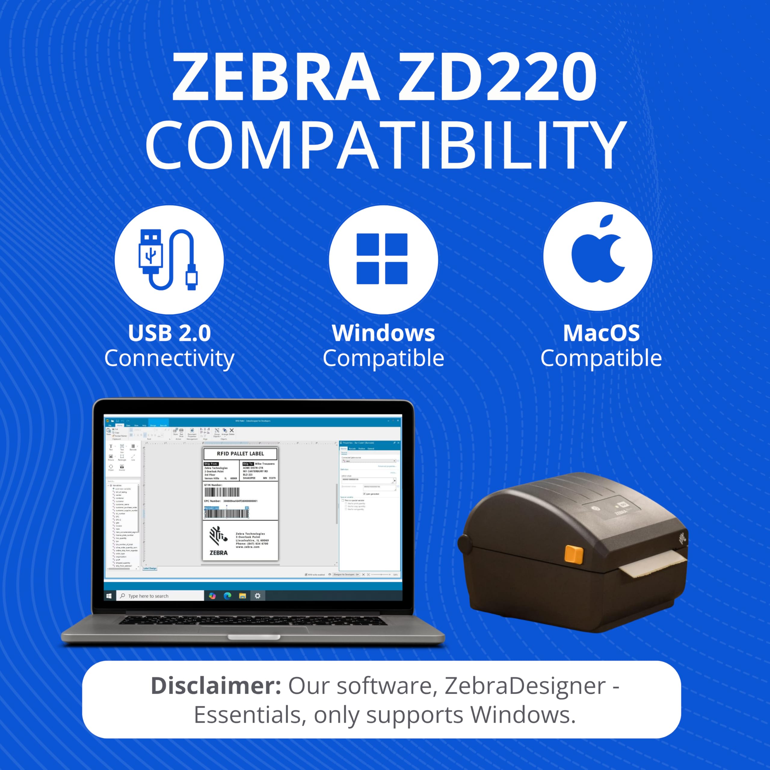 زيبرا طابعة حرارية مباشرة ZD220-4 انش لسطح المكتب - اتصال USB - مناسبة للخدمات اللوجستية والتصنيع الخفيف وتطبيقات البيع بالتجزئة والرعاية الصحية