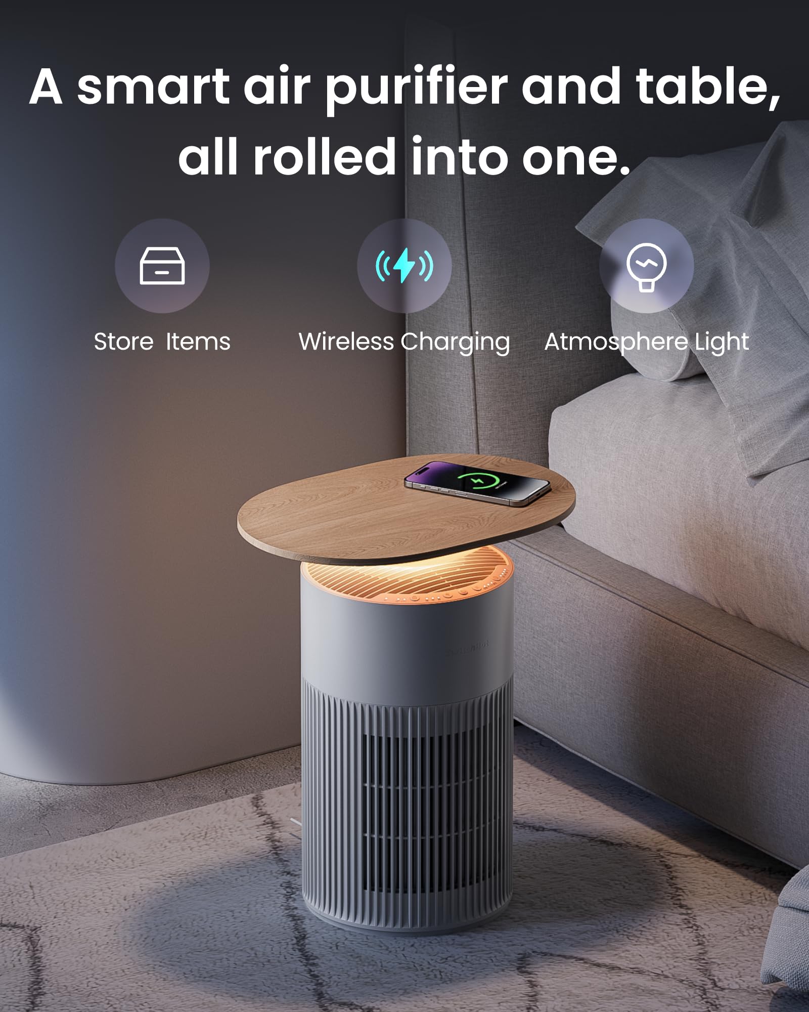 SwitchBot Smart Air Purifier Table - HEPA Filter, Pet Friendly, Ultra Quiet, Wireless Charging, Touch Control, Ideal for Modern Homes