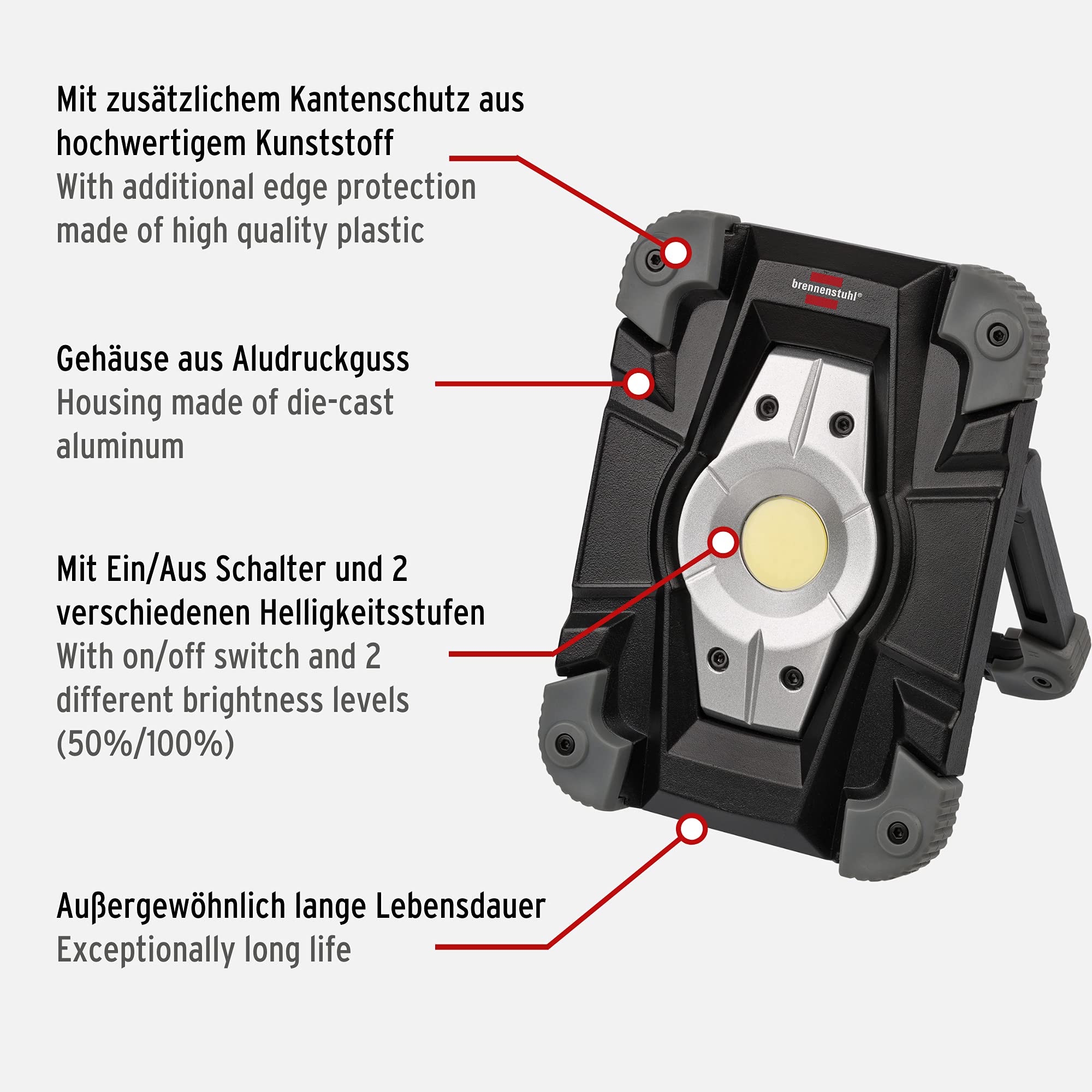 Brennenstuhl Rechargeable Metal LED Light 10W with IP54 Water and Dust Resistance Rating 1173080, Black
