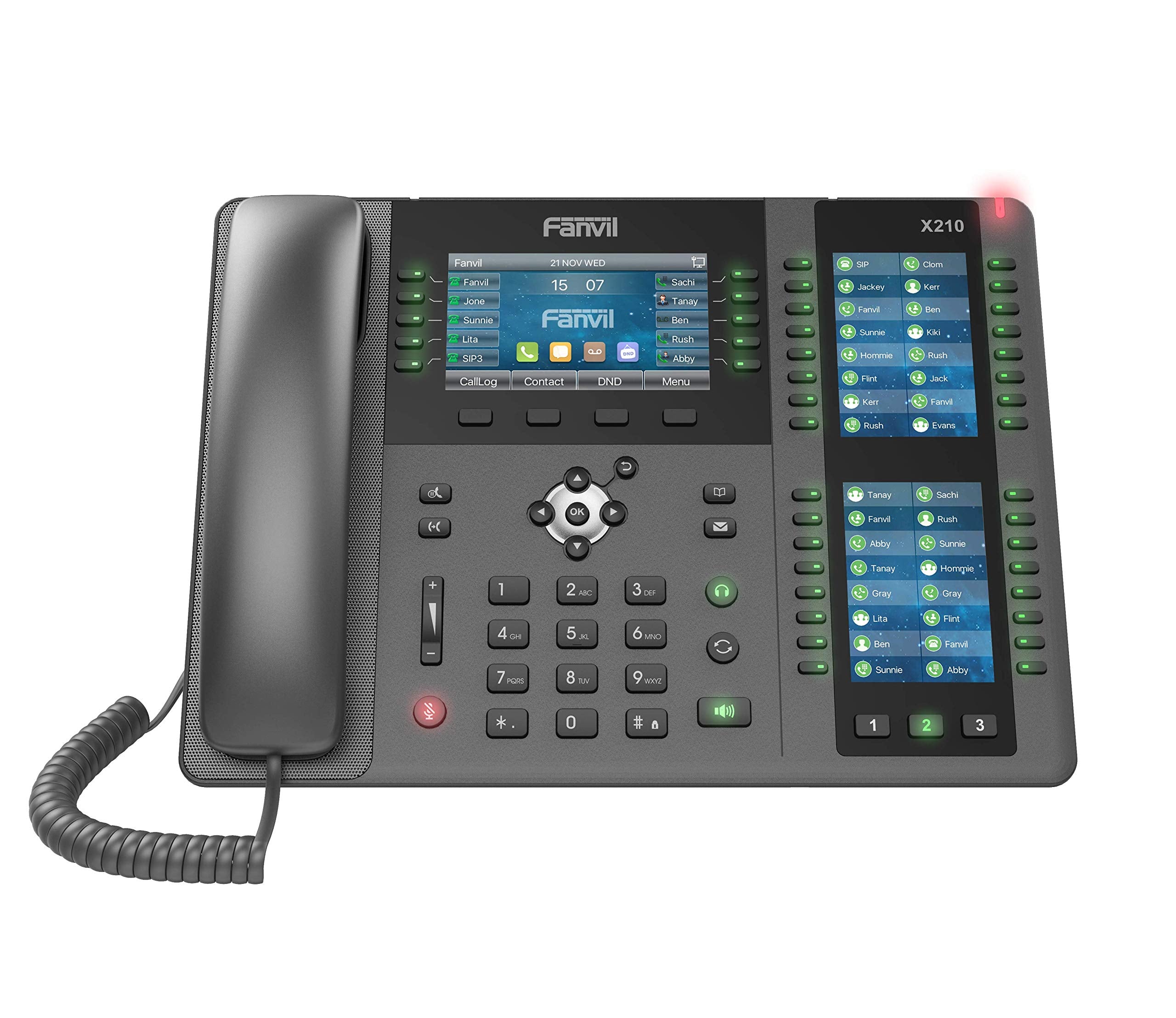 فانفيل هاتف X210 انتربرايز VoIP بشاشة ملونة 4.3 انش، شاشتان جانبيتان ملونتان 3.5 انش لمفاتيح دي اس اس. 20 خط اس اي بي، جيجابت ايثرنت ثنائي المنفذ، محول الطاقة غير متضمن