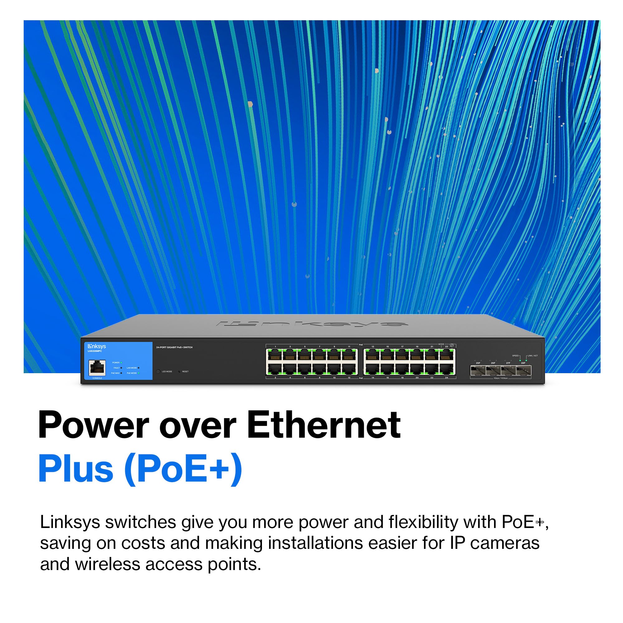 لينكسيس محول LGS328MPC 24 منفذ جيجابت PoE+ @ 410 واط مع 4 فتحات ابلينك SFP+ 10G - موزع ايثرنت ذكي مدار مع غلاف معدني، حامل لسطح المكتب / الحائط